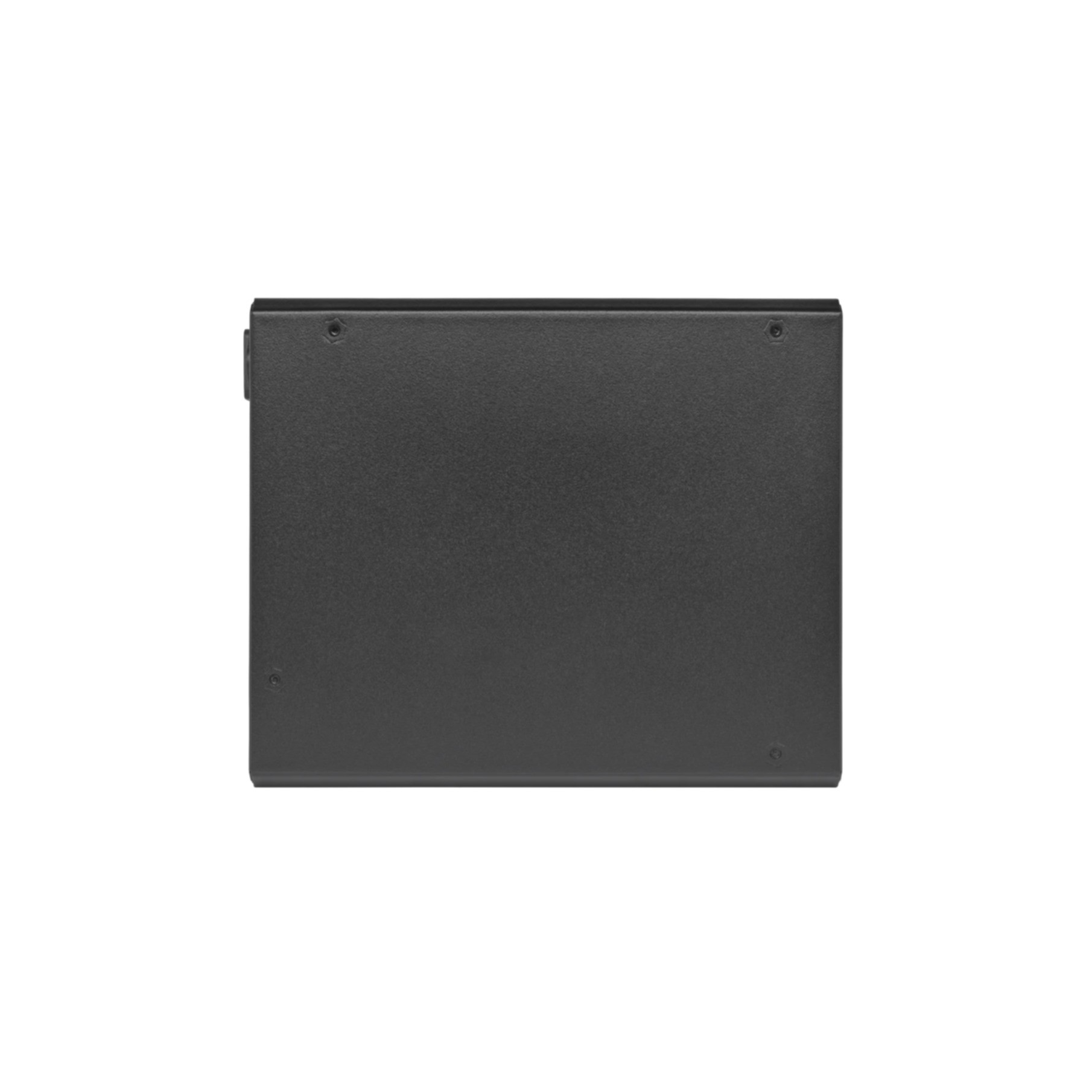 Czarny, prostokątny zasilacz komputerowy, widok z góry, na białym tle.