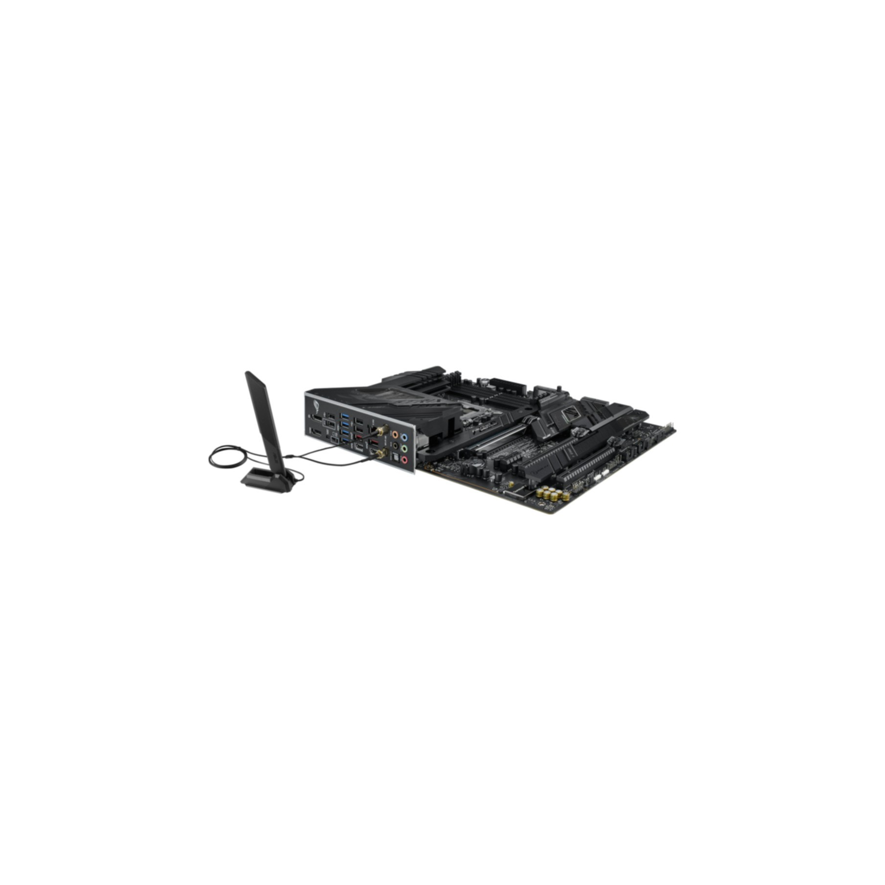 Una placa base con varios puertos y una antena inalámbrica.