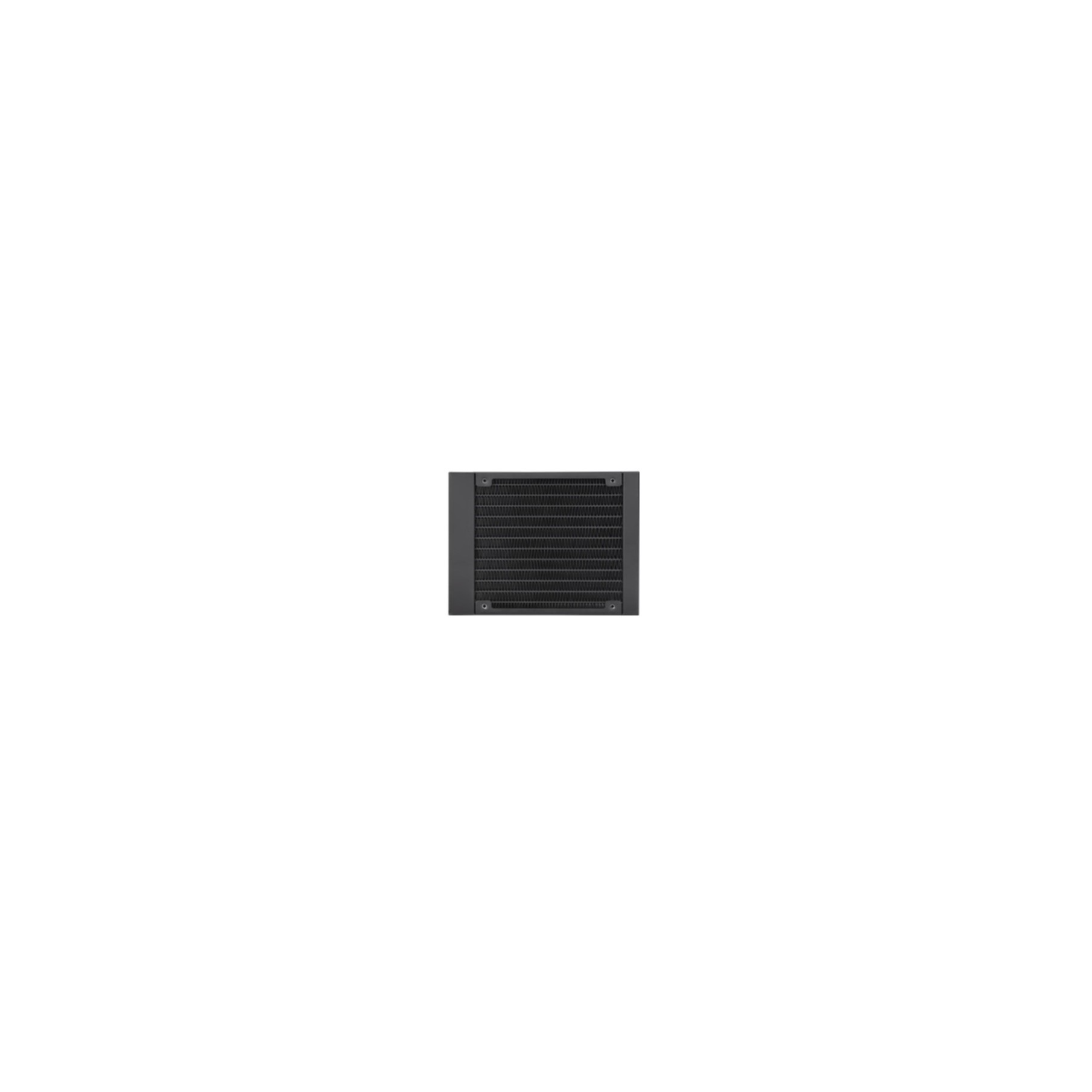 Radiador negro, forma cuadrada, orificios de montaje del ventilador visibles, fondo blanco.