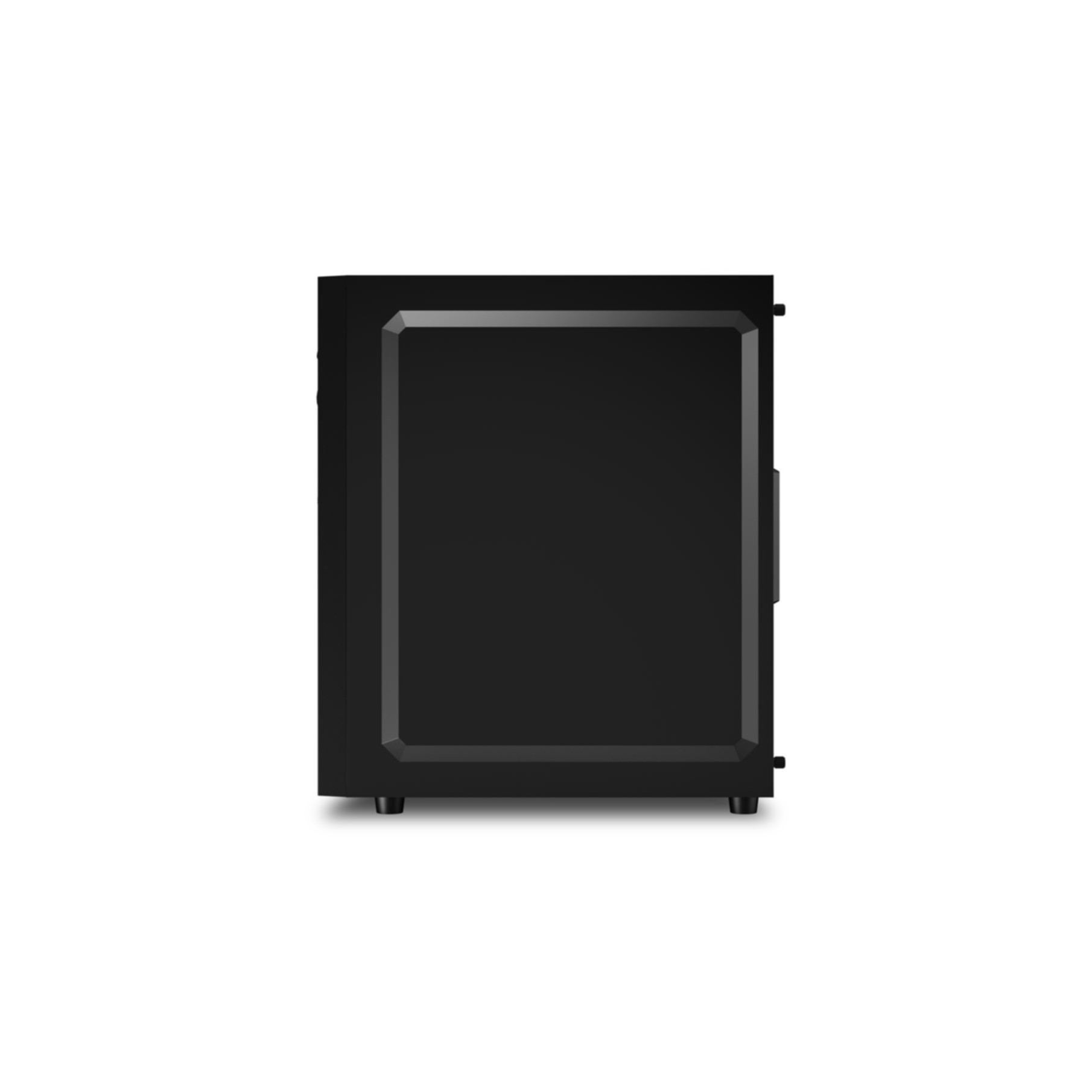 Czarna obudowa komputera o prostokątnym kształcie, widok z boku, o prostym, eleganckim wyglądzie.