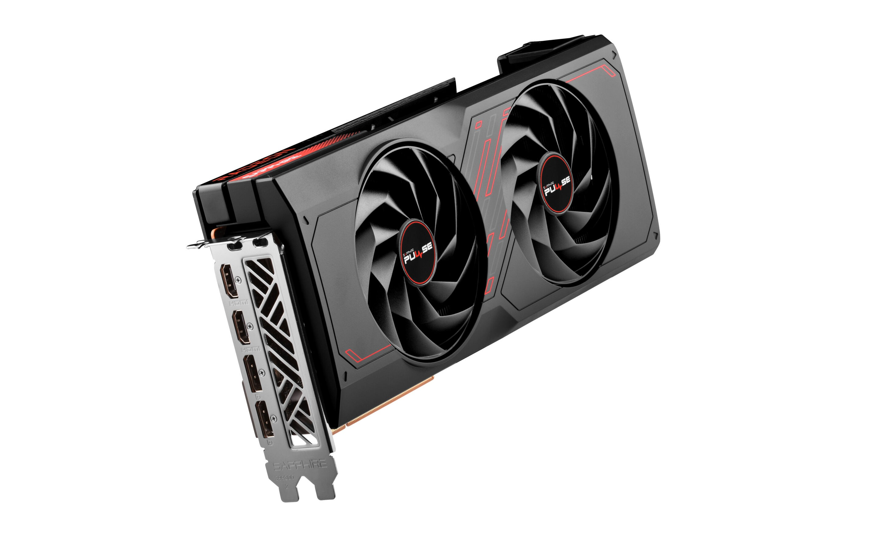 Tarjeta gráfica con detalles rojos, dos ventiladores y el logo 'SAPPHIRE'.
