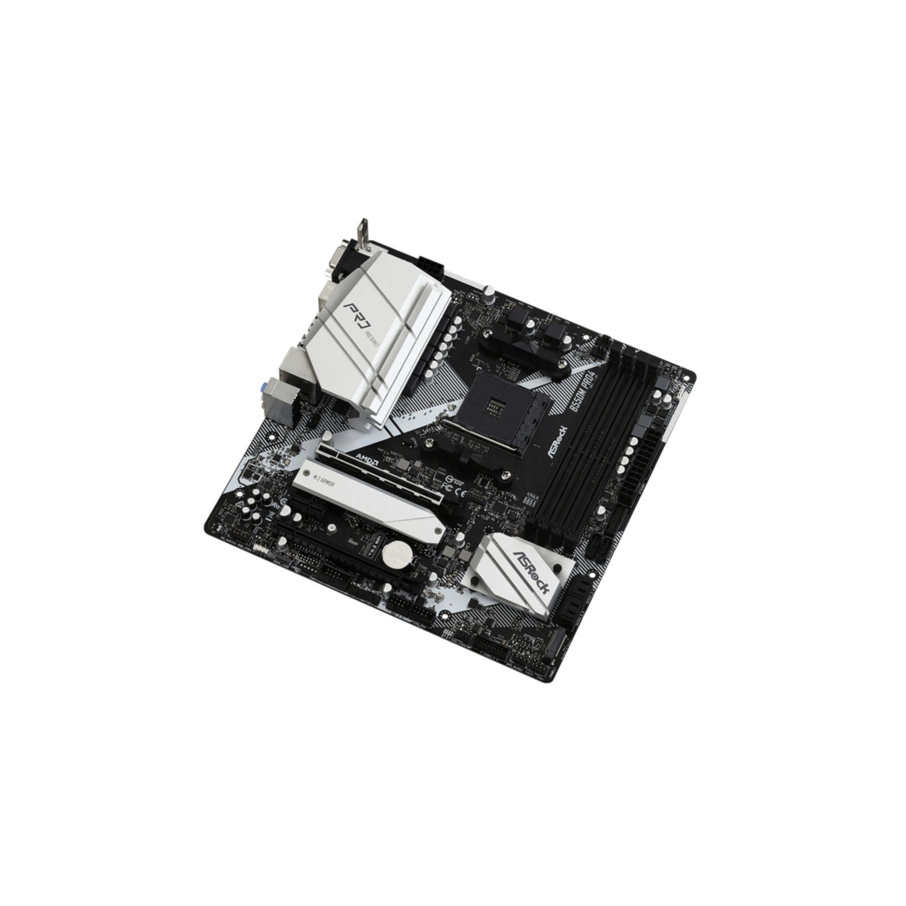 Czarno-srebrna płyta główna ASRock na białym tle.