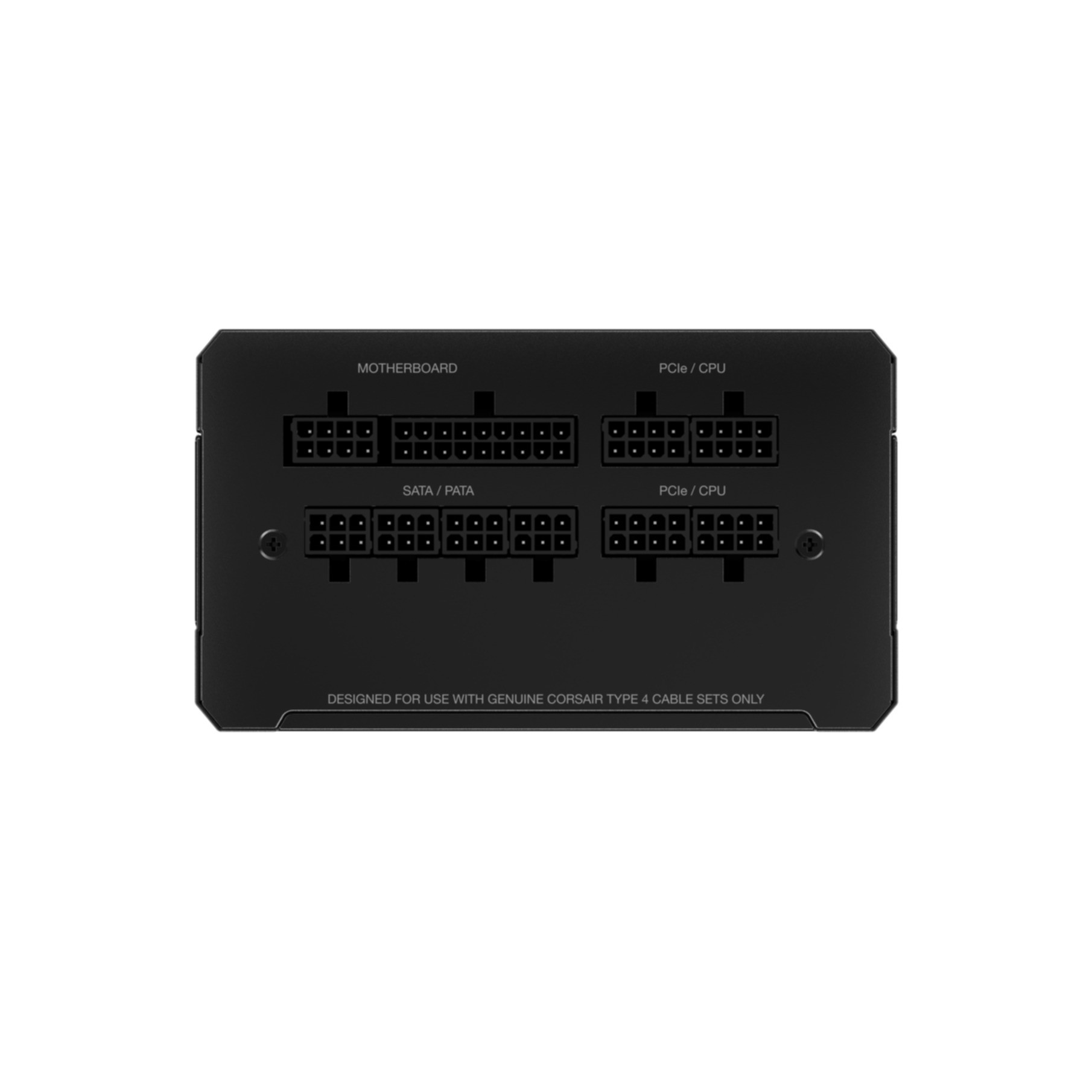 Alimentatore nero con porte connettore multiple, etichettate per scheda madre, SATA e PCIe, su bianco.