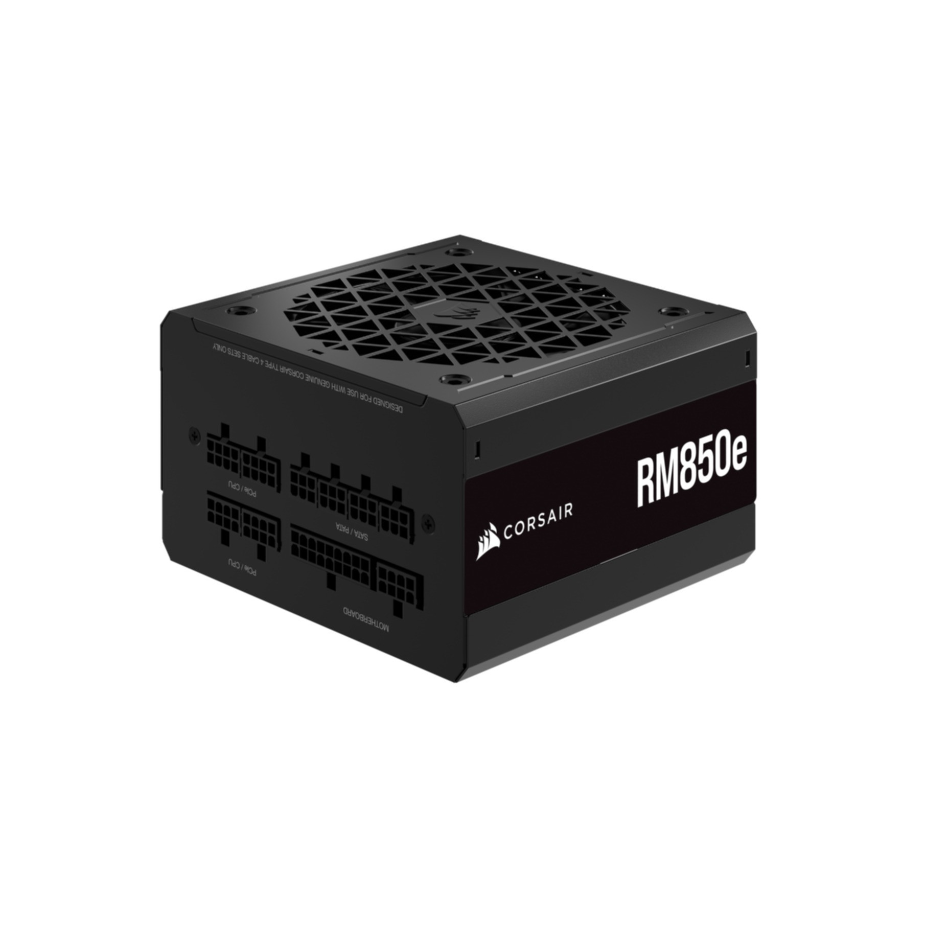 Un alimentatore Corsair RM850e nero con più porte.