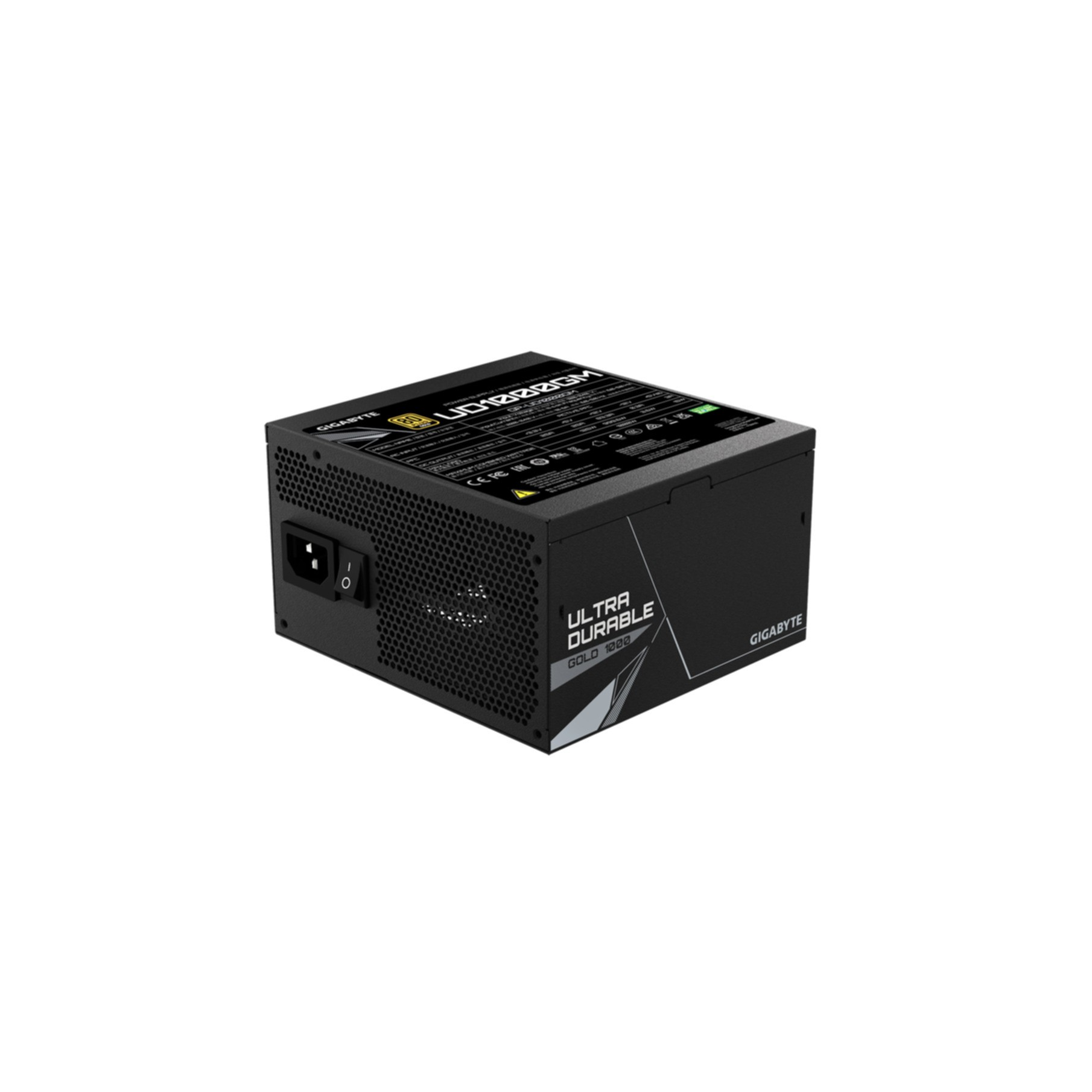 Alimentatore nero con testo e spina.