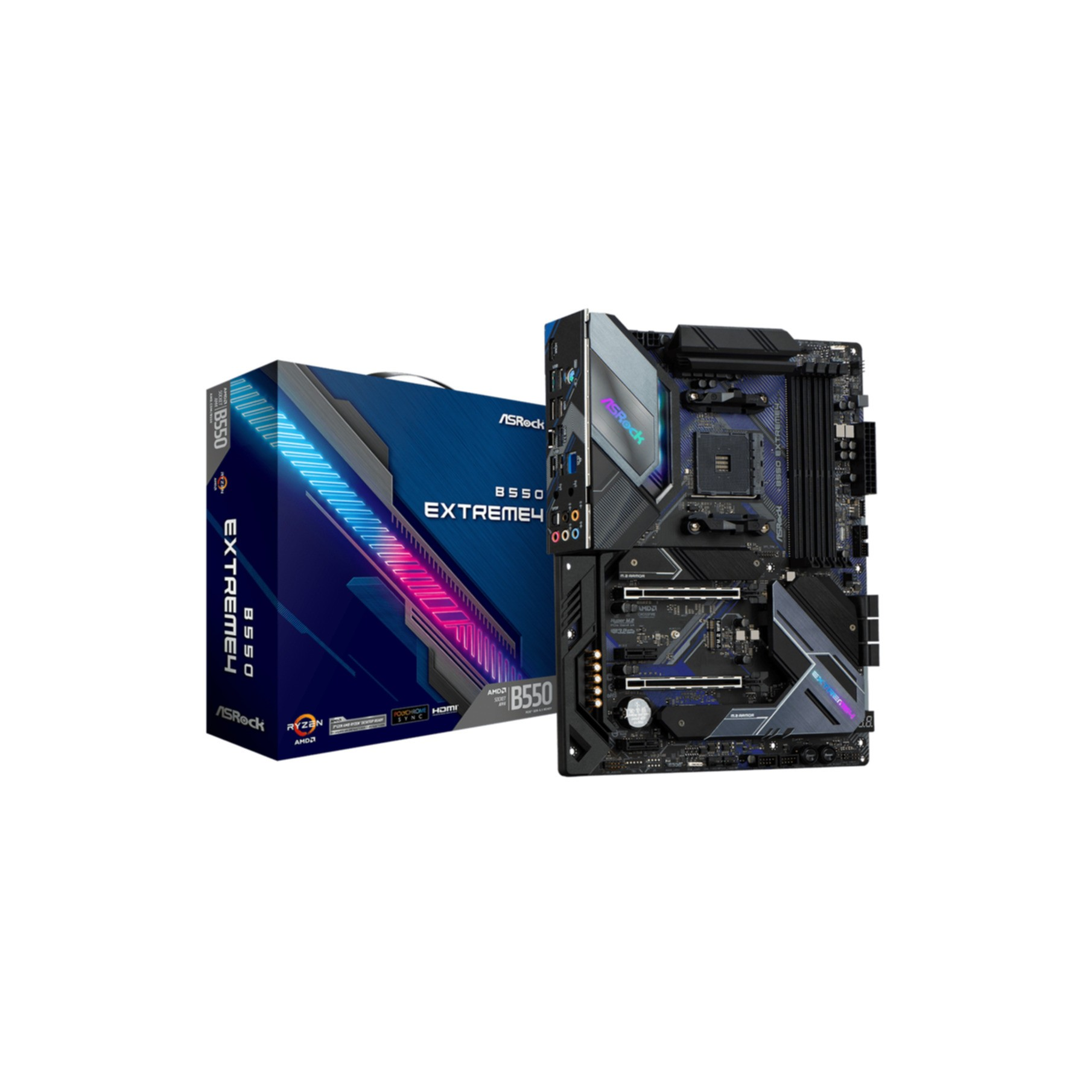Una scheda madre nera e blu e una scatola blu con il logo ASRock.