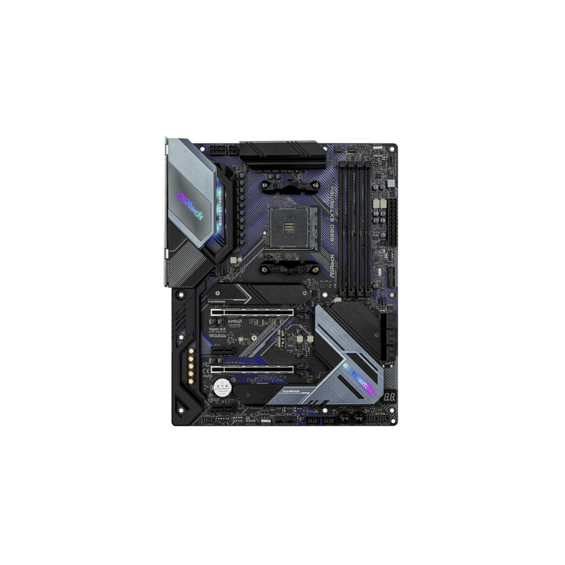 Scheda madre per computer con design nero e blu, logo ASRock e vari componenti.