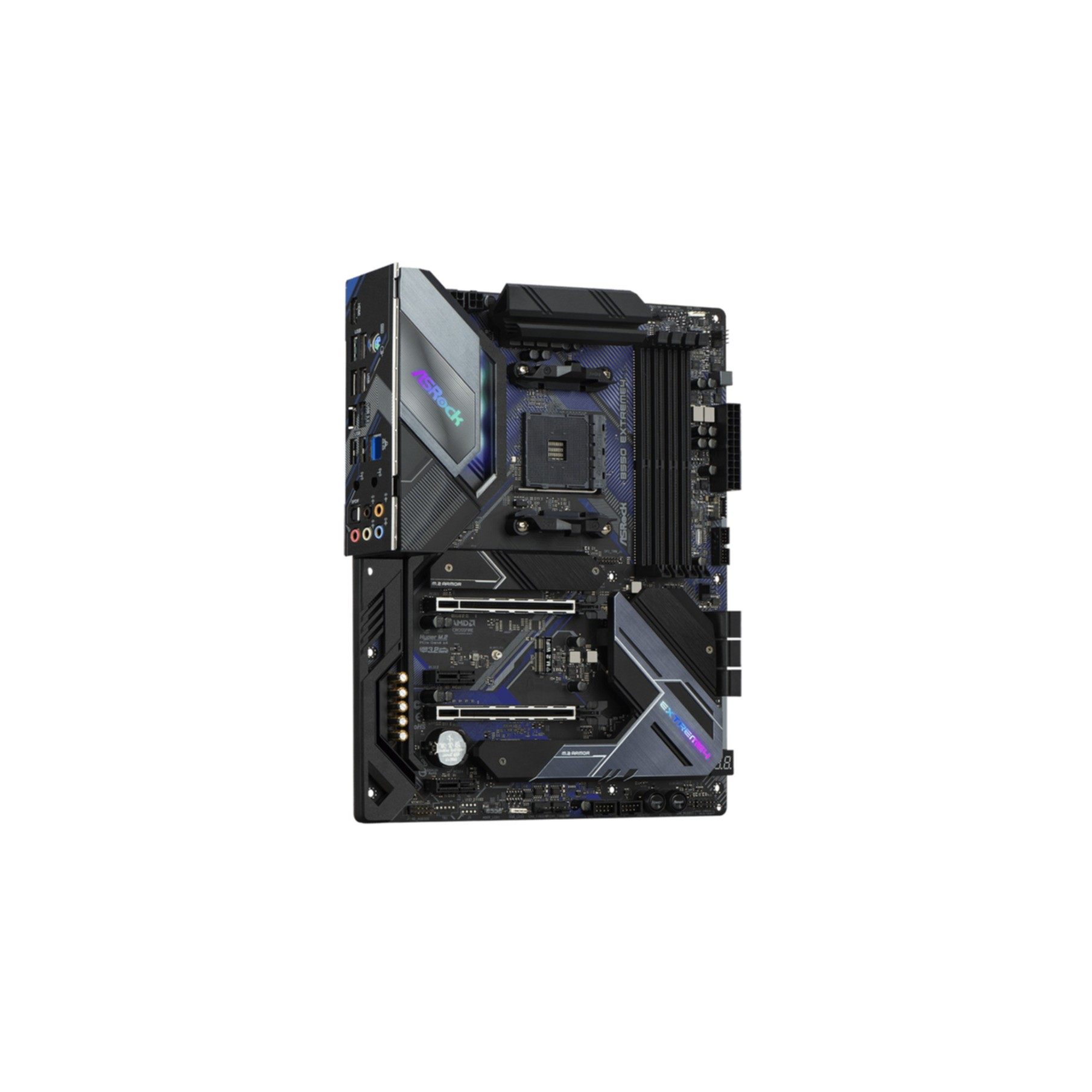 Scheda madre ASRock con più porte e slot, design nero e argento, con vari componenti.