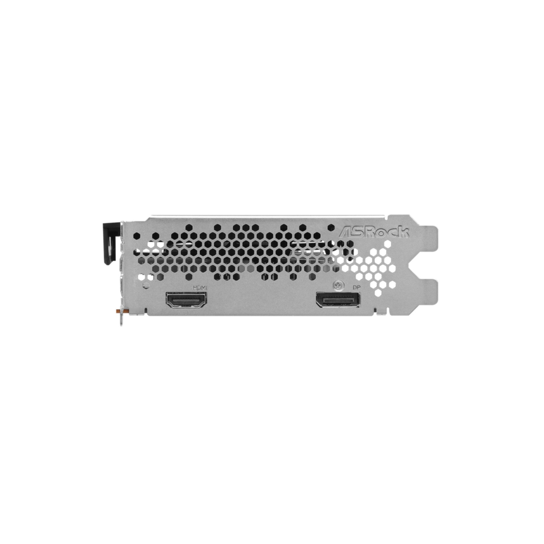 Lato porte di una scheda grafica con porte HDMI e DP, argento e nero.