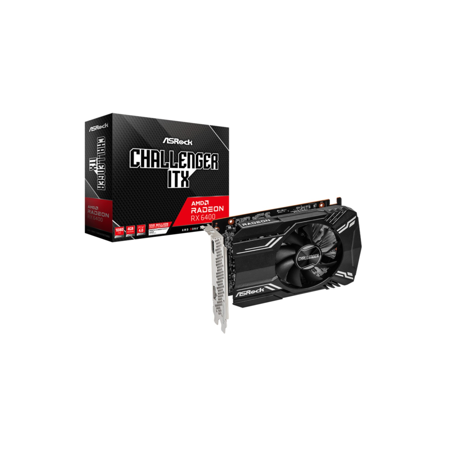Scheda grafica nera e argento e scatola. La scatola ha del testo e la scheda ha una ventola. ASRock è il marchio.