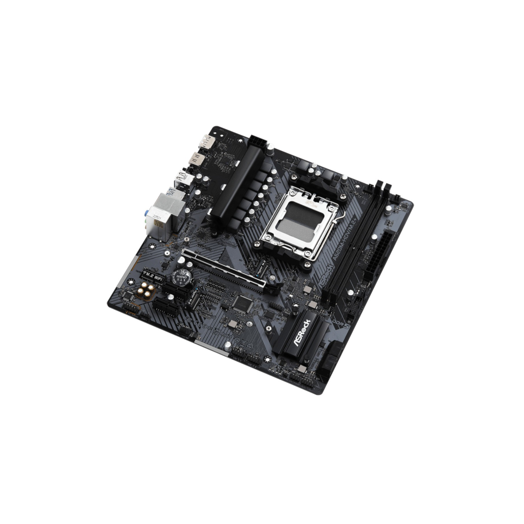 Una scheda madre per computer. È grigio scuro con componenti neri e argentati. Marchio ASRock.