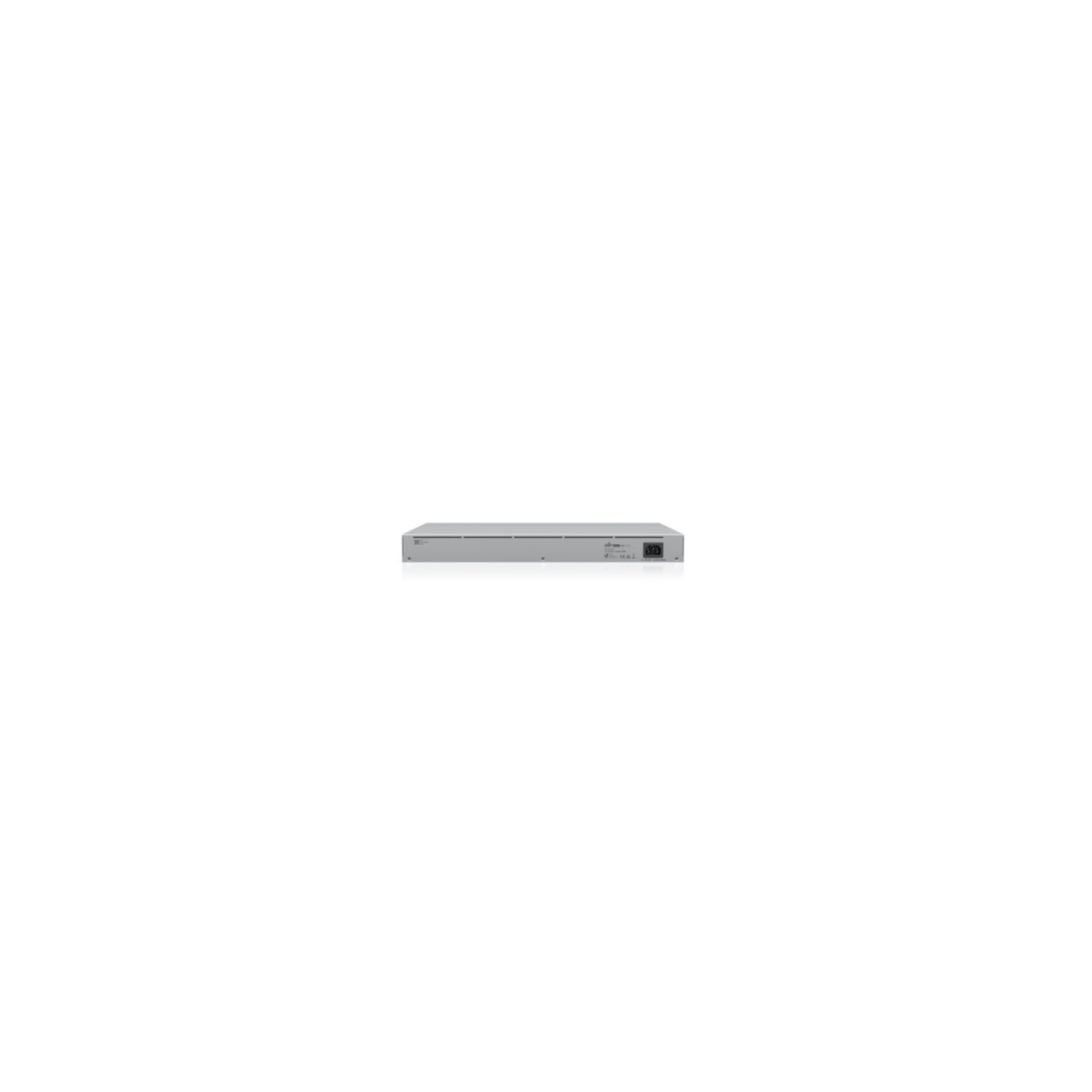 A silver network switch seen from the side, on a white background.
