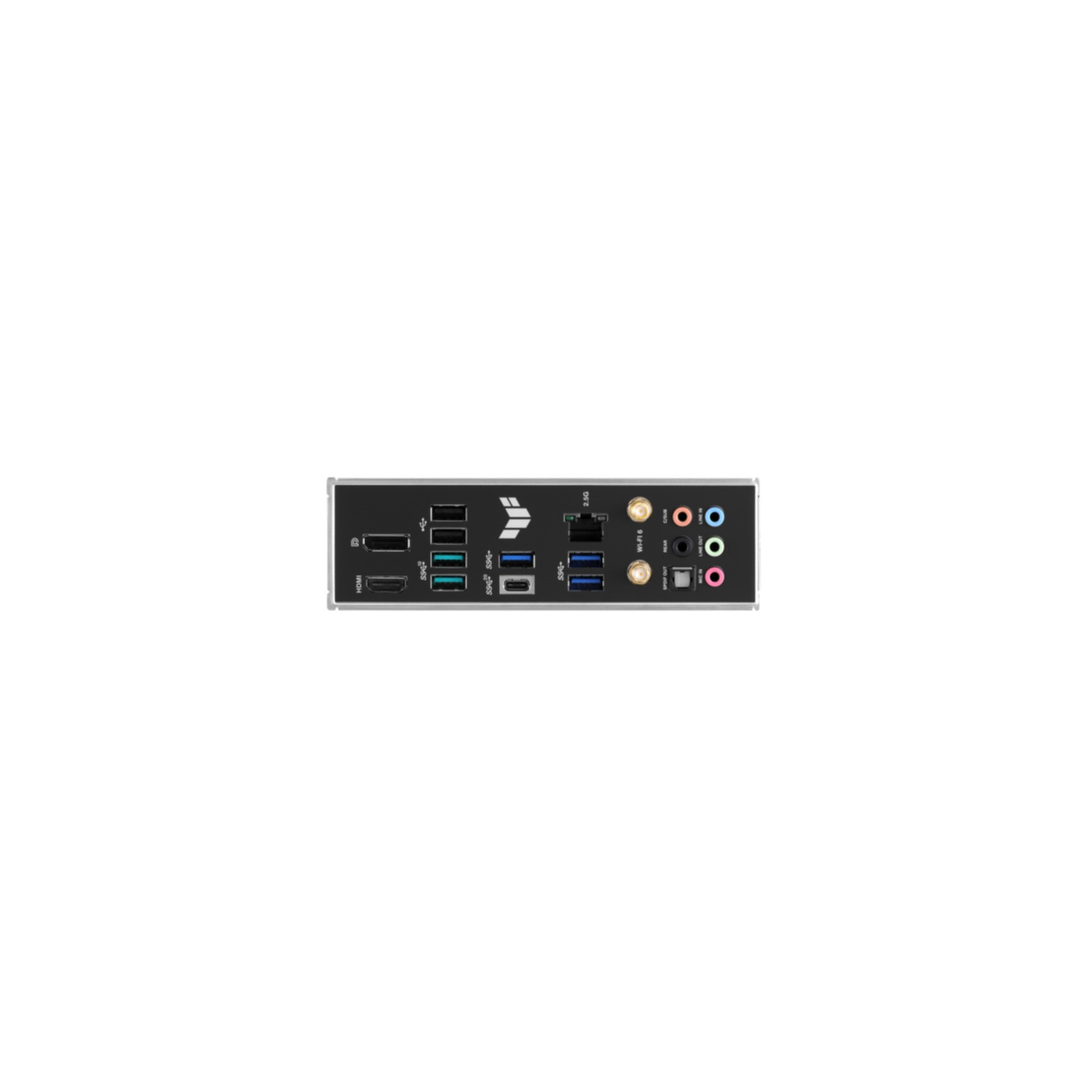 Rückansicht eines Motherboards mit Anschlüssen auf weißem Hintergrund.