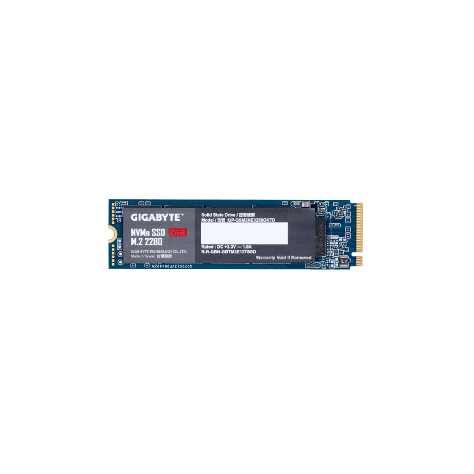Un SSD NVMe M.2 2280 blu e nero su sfondo bianco con testo.