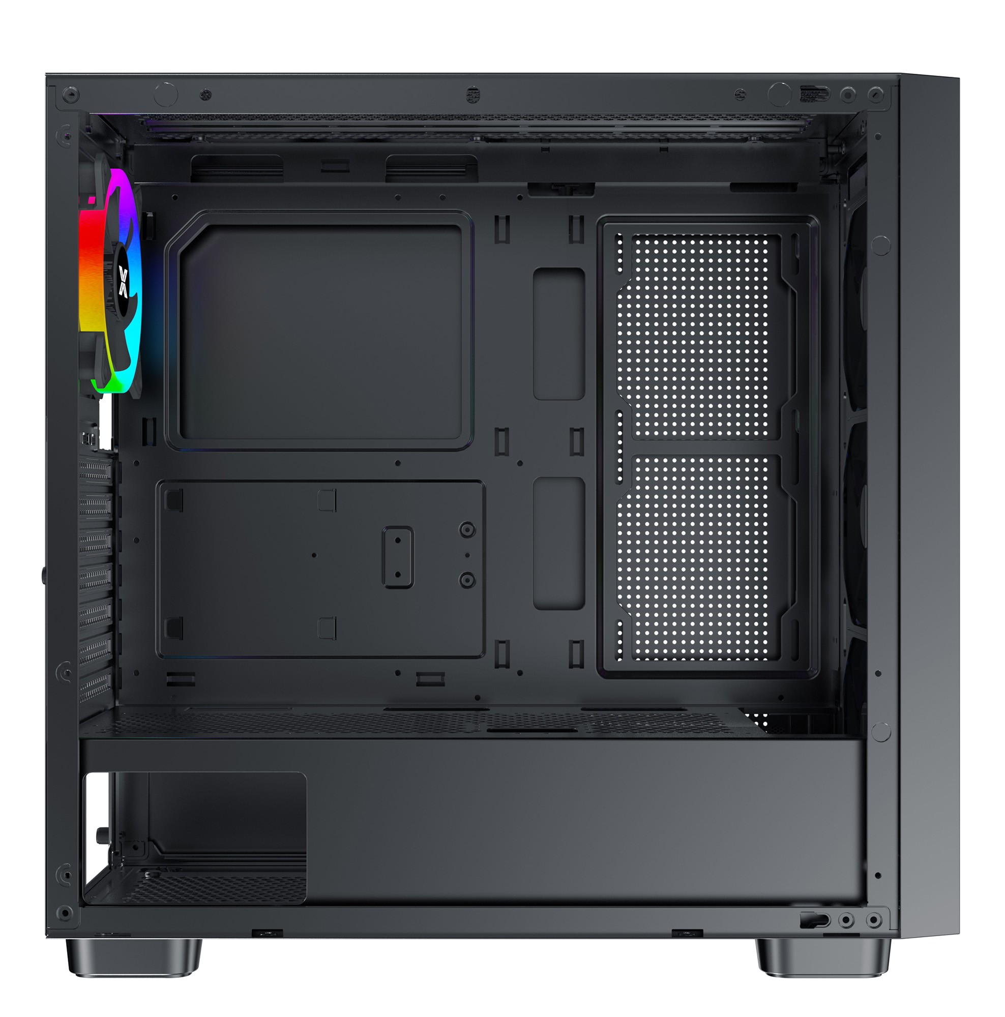 Schwarzes Computergehäuse, offen, mit sichtbaren internen Komponenten. Enthält einen farbigen Lüfter.
