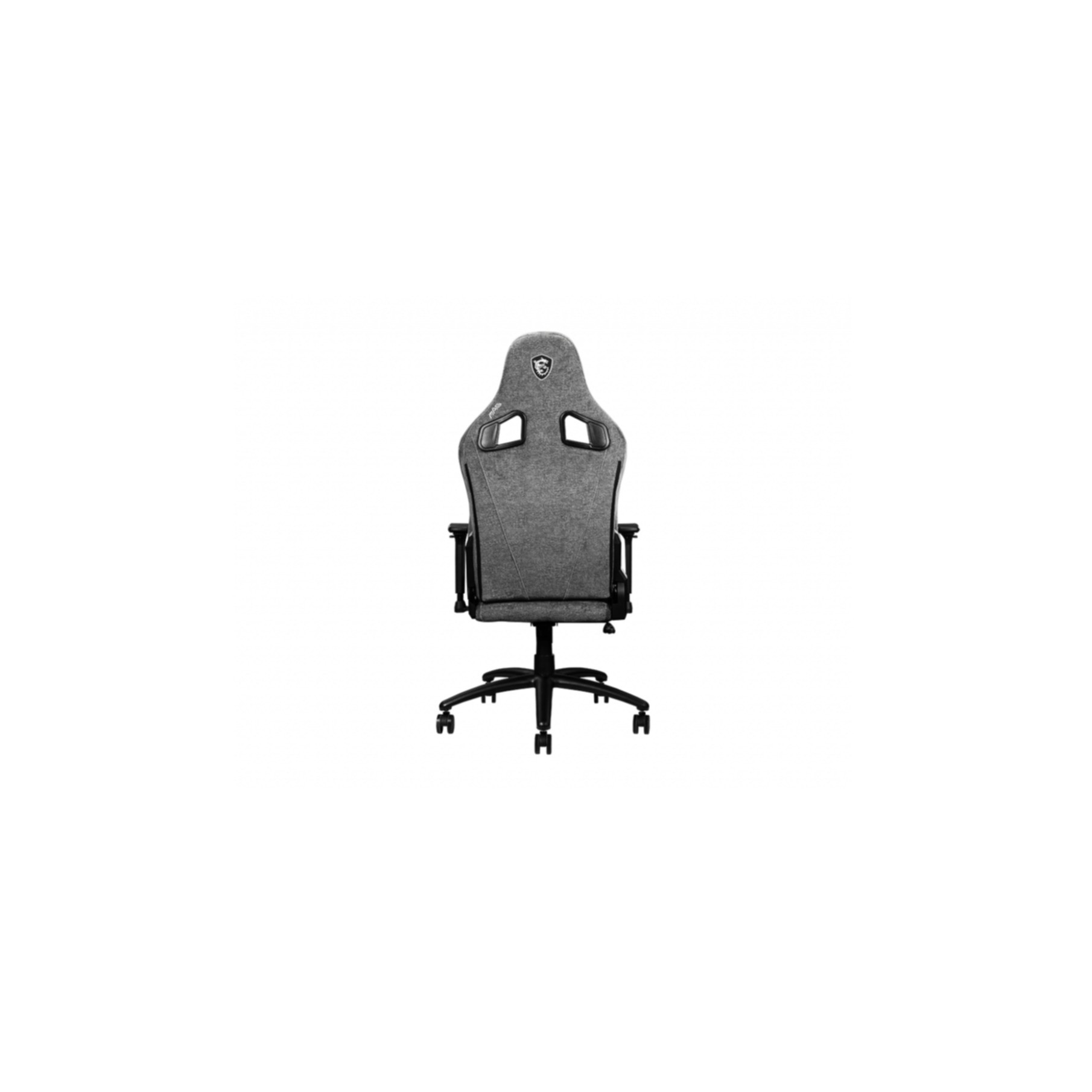 Silla gaming, tela gris, base y ruedas negras, sobre fondo blanco.