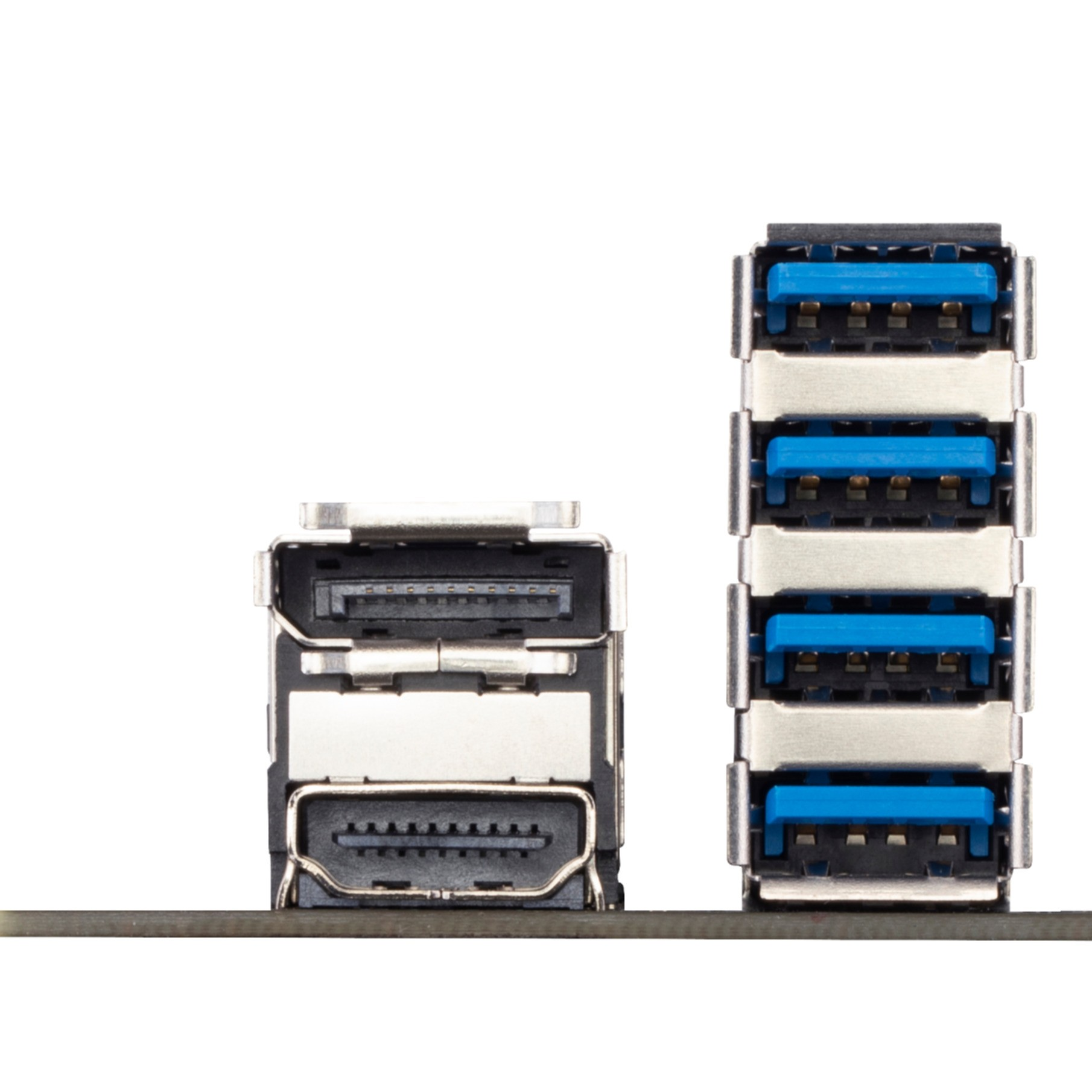 Zbliżenie dwóch ułożonych czarno-srebrnych portów USB z niebieskimi wkładkami.