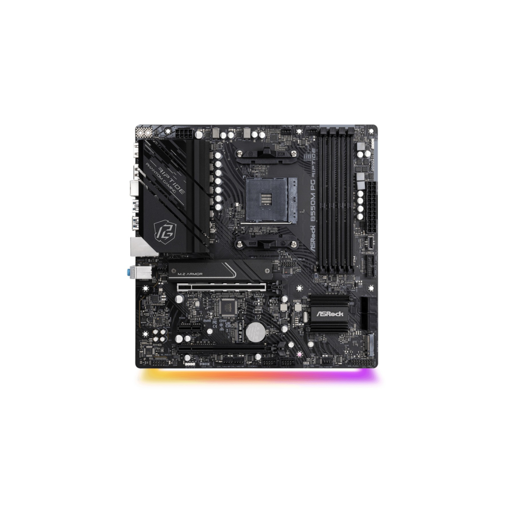 Scheda madre ASRock B650M PG Riptide, con RGB, su sfondo bianco. Componenti visibili.