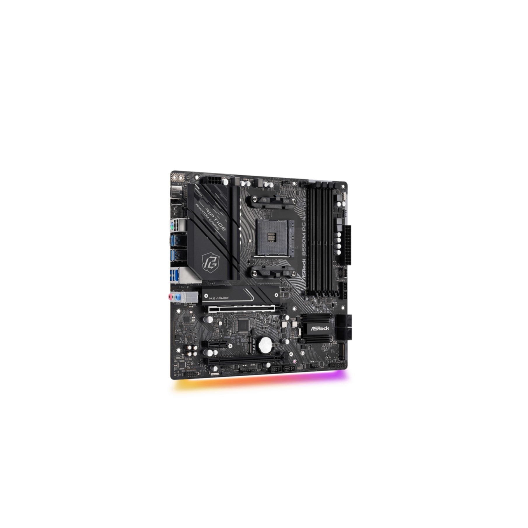 Scheda madre per computer con vari componenti, PCB nero e illuminazione RGB.