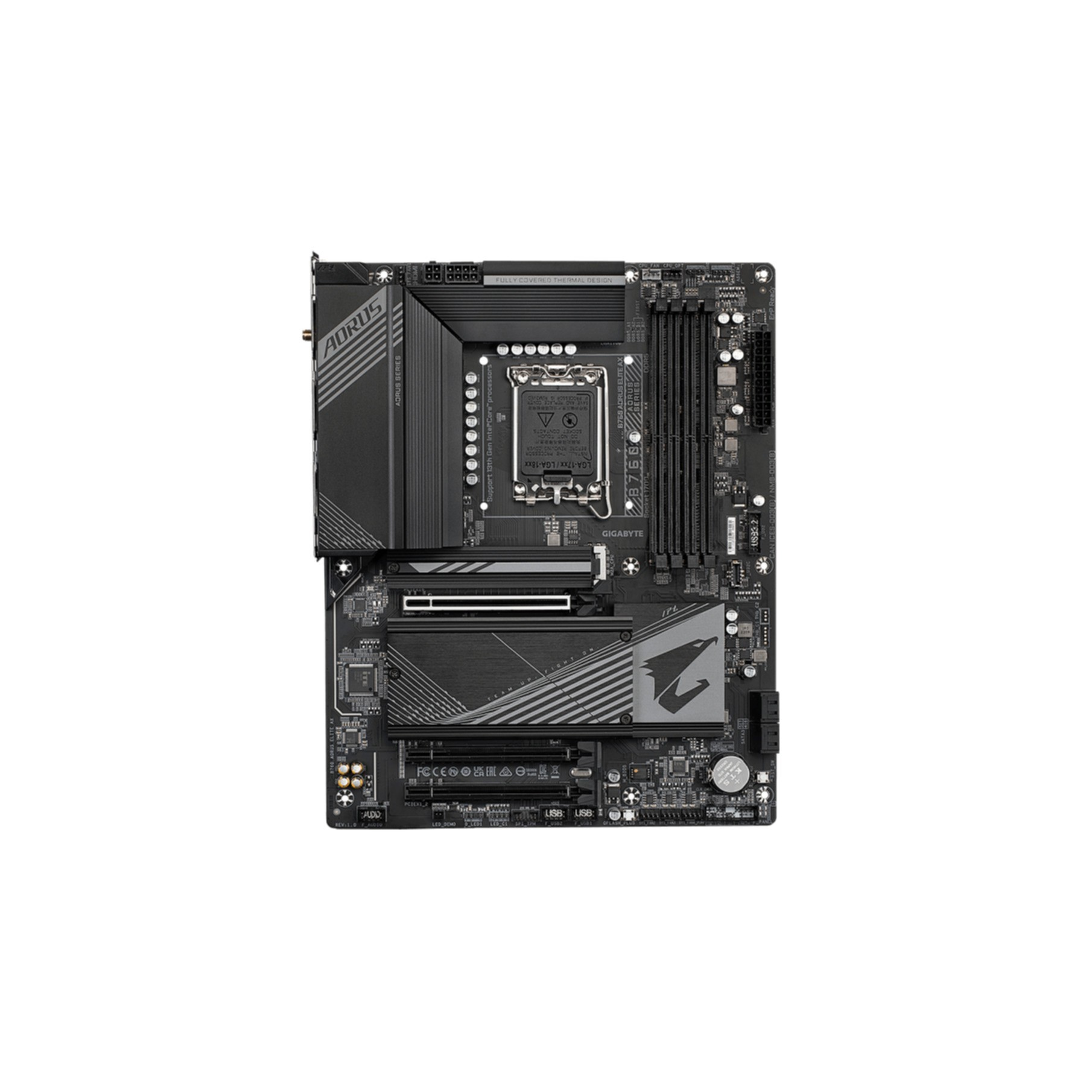 Una scheda madre AORUS nera. Sono visibili varie porte e slot. È presente il logo AORUS.
