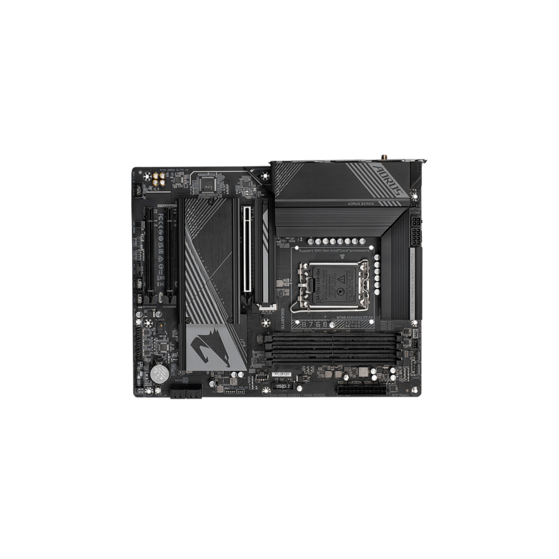 Scheda madre per computer nera e grigia con vari componenti, con marchio AORUS series.