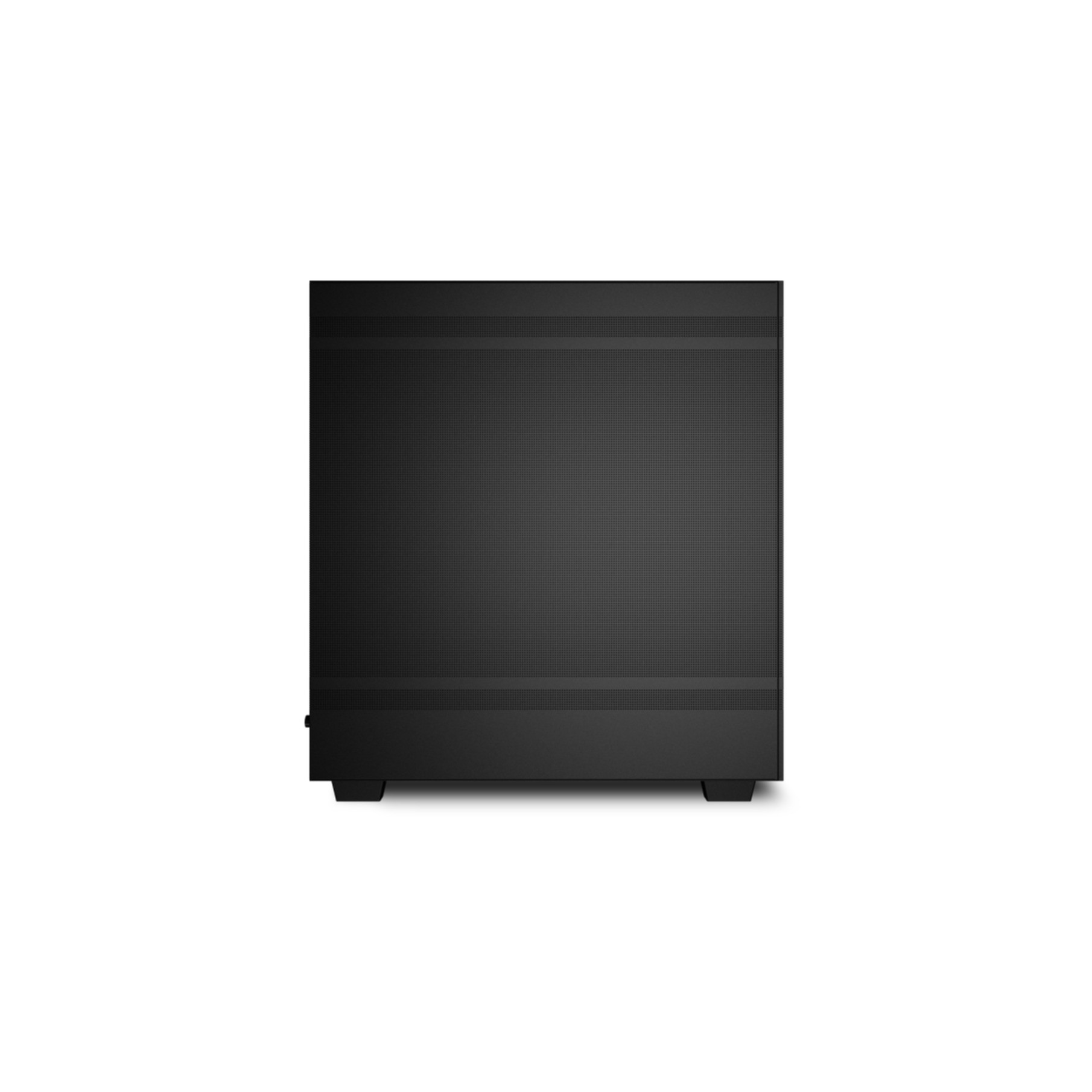 Czarna obudowa komputera, widok z góry. Perforowana konstrukcja, z czterema nóżkami.