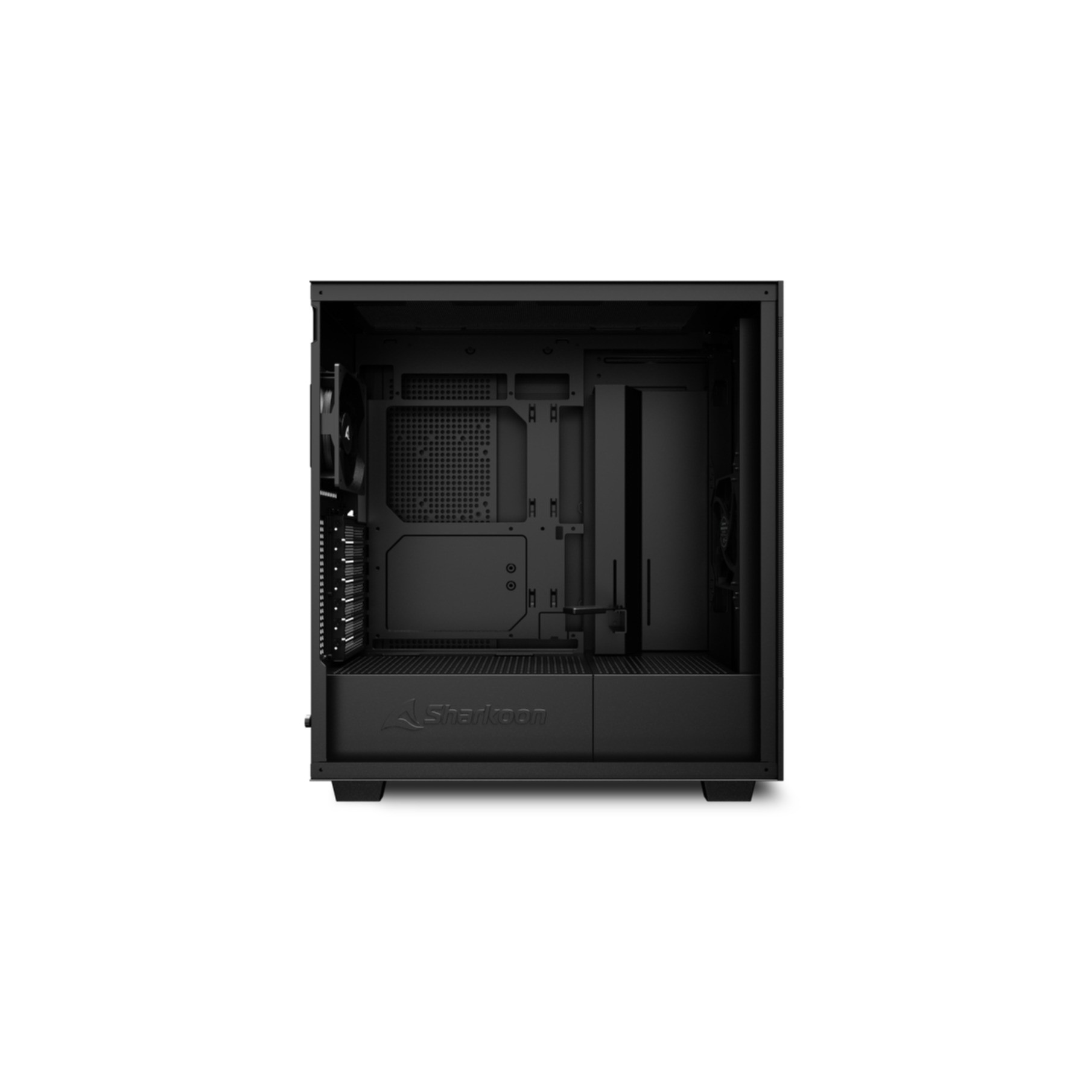 Pusty czarny środek obudowy komputera. Zawiera gniazda montażowe i otwór wentylatora, ujęcie z góry.