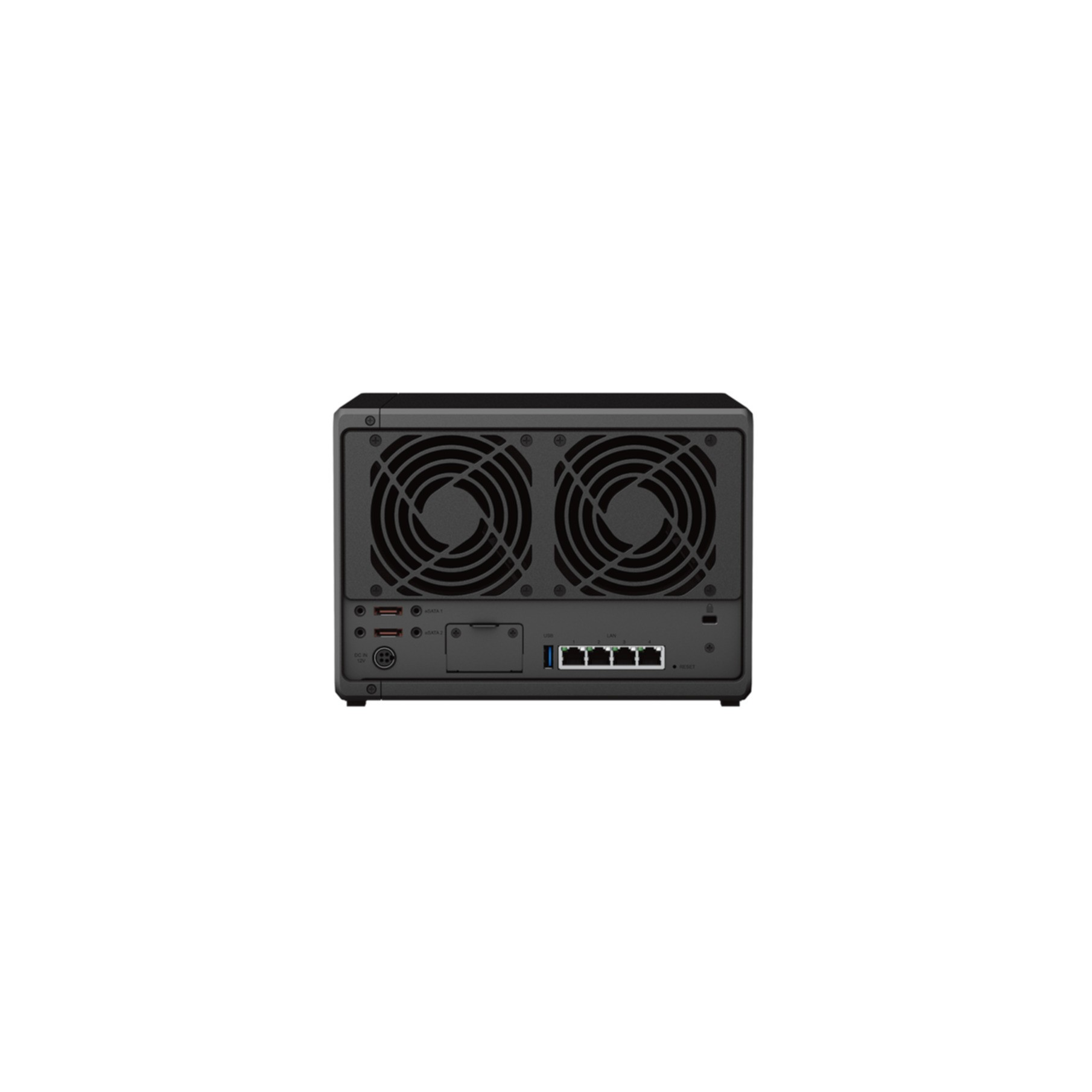 La parte trasera de un servidor NAS, mostrando dos ventiladores, puertos USB, LAN y alimentación.