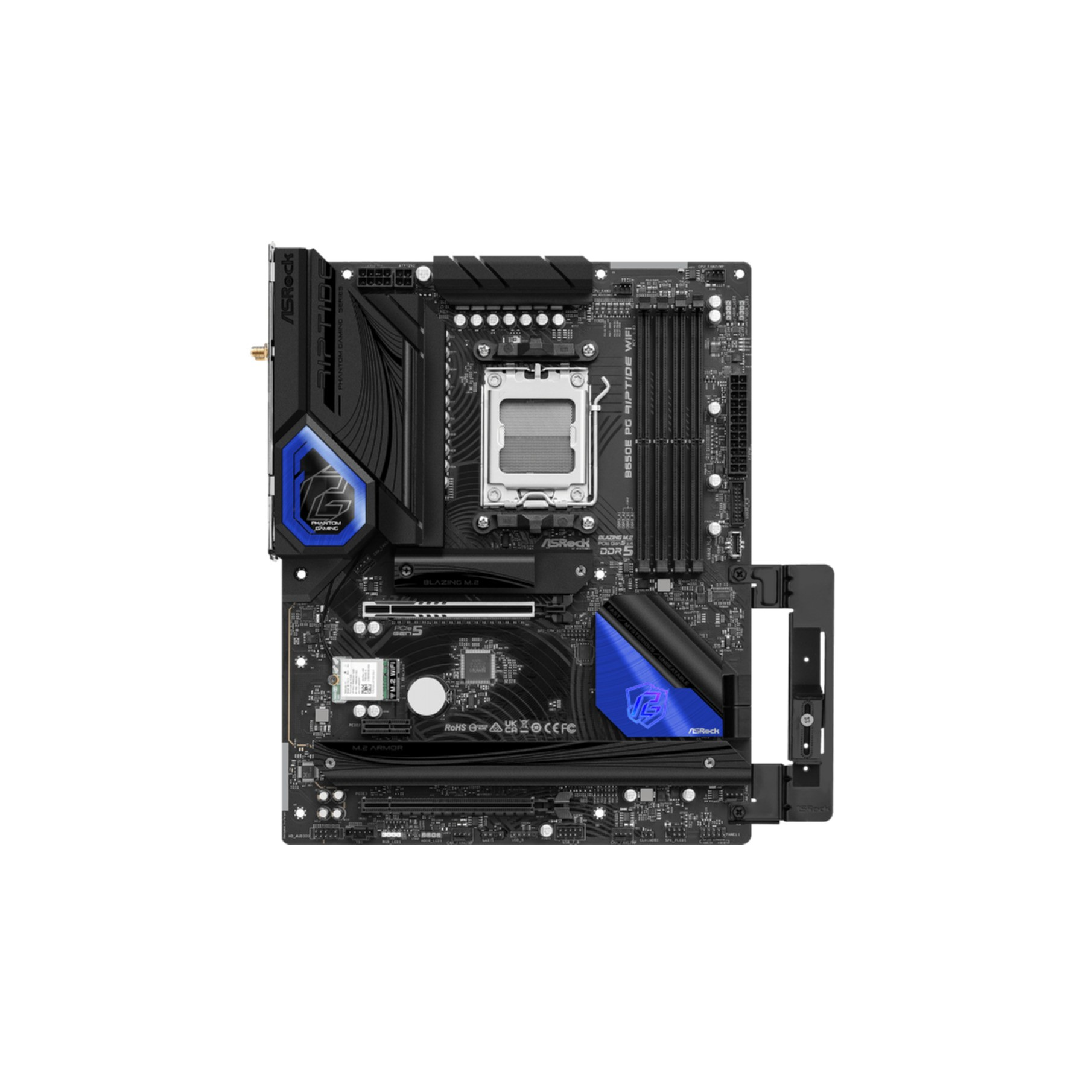 Placa base negra y azul con varios componentes, sobre fondo blanco.