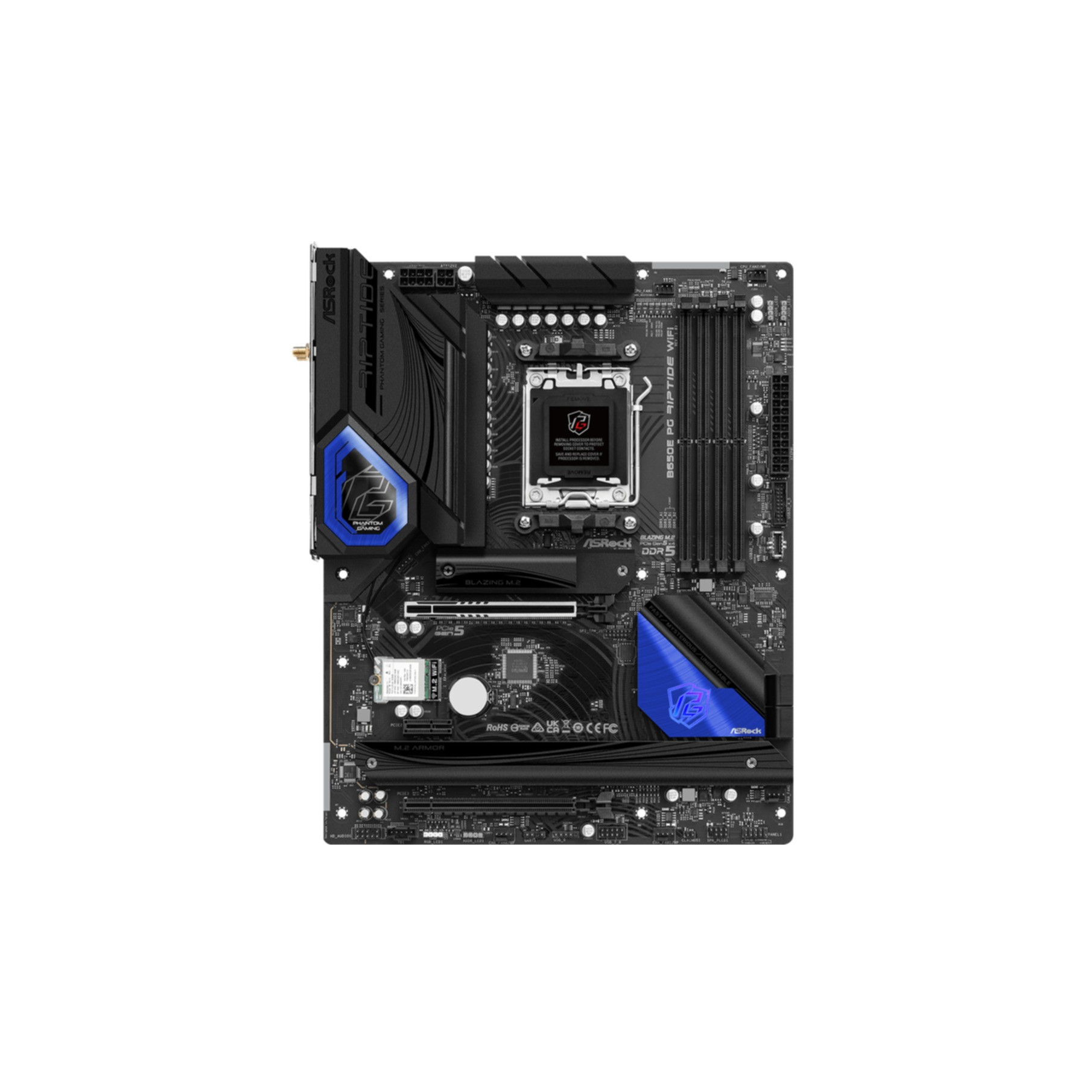 Una placa base ASRock B650E PG Riptide WiFi, negra y azul, sobre fondo blanco.