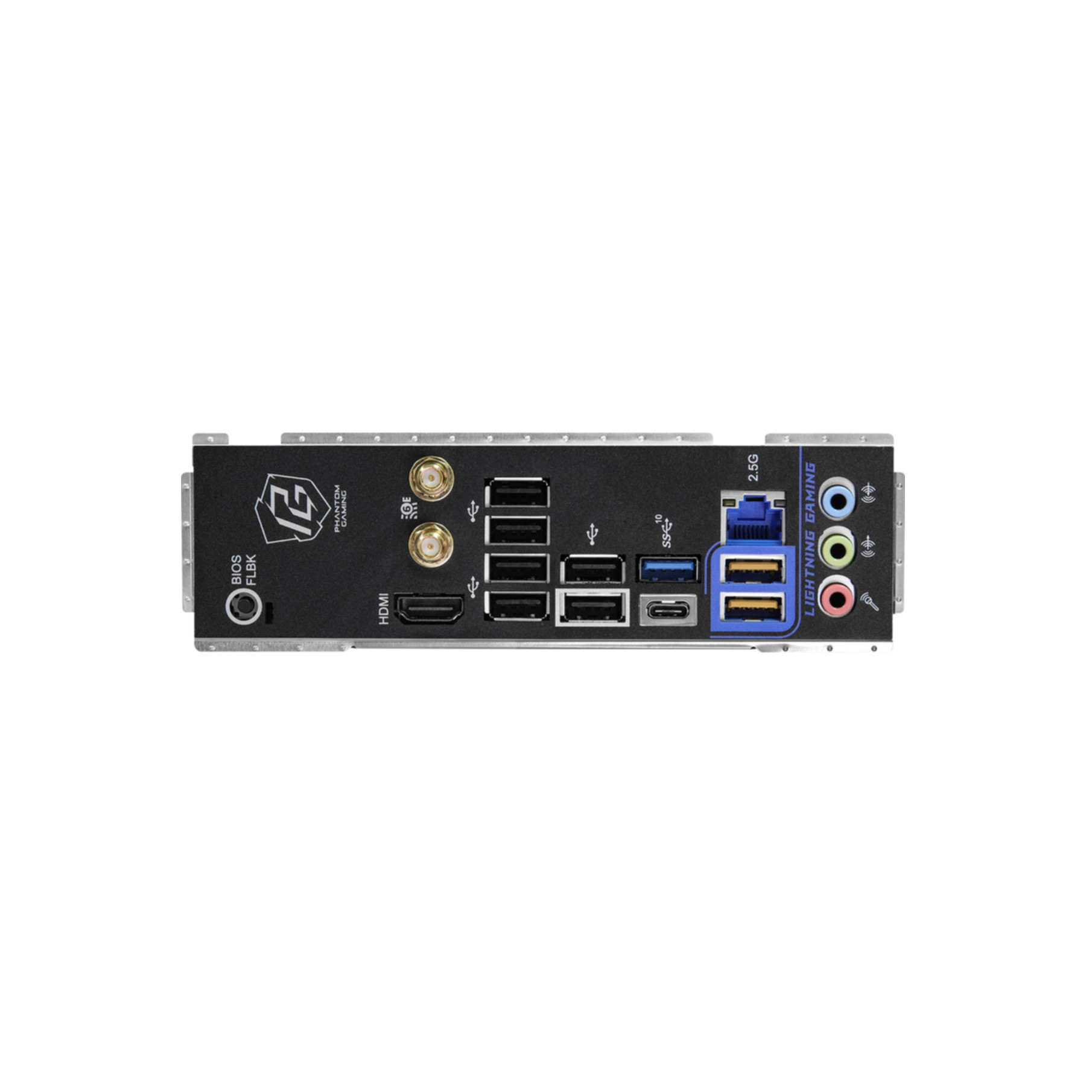 Panel trasero de una placa base de computadora con varios puertos y conectores.
