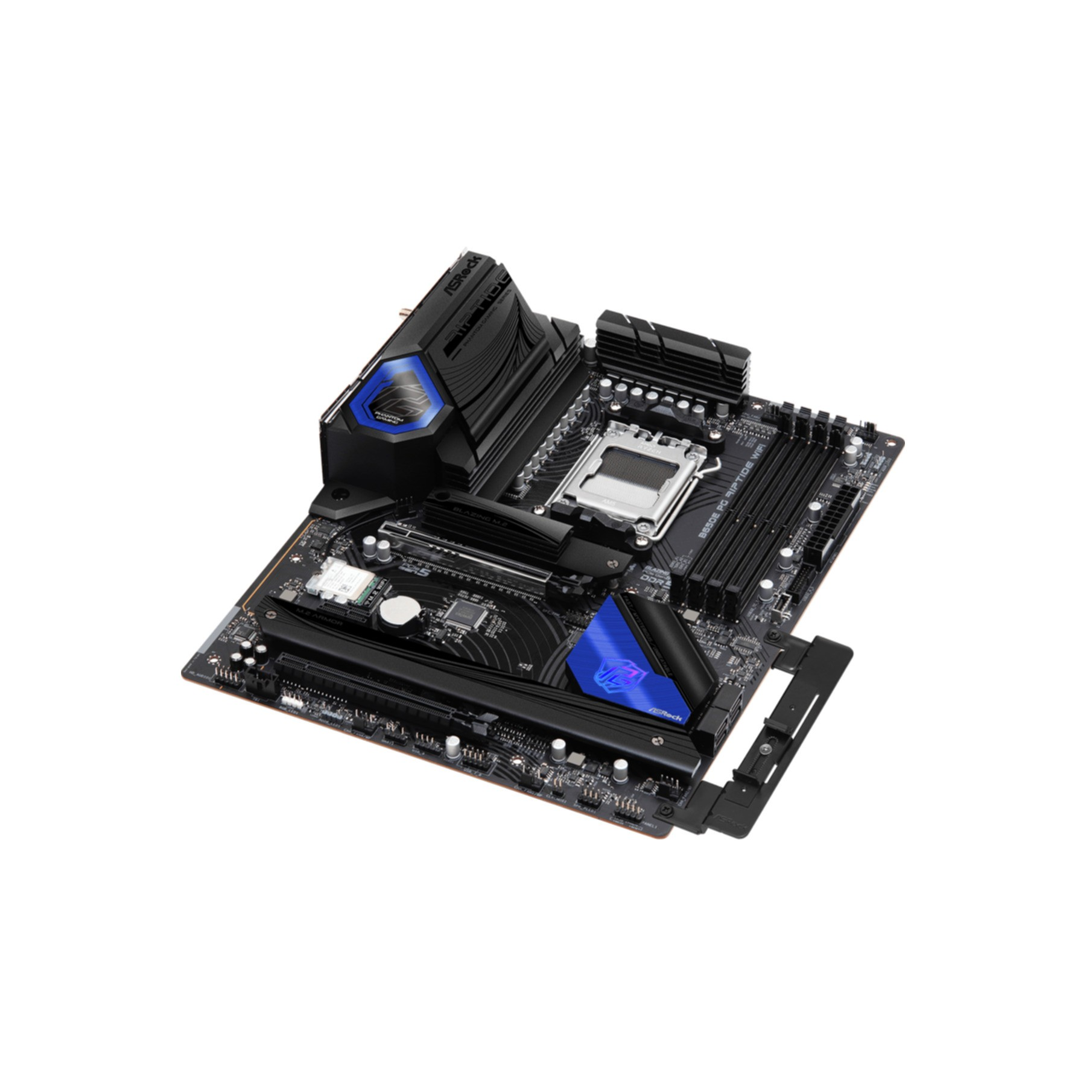 Una placa base negra y azul sobre un fondo blanco, con numerosos componentes.