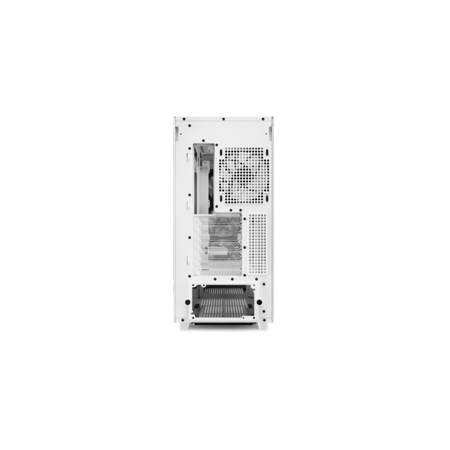 Biała obudowa komputera, widok z tyłu, z wentylatorem i otworami wentylacyjnymi.