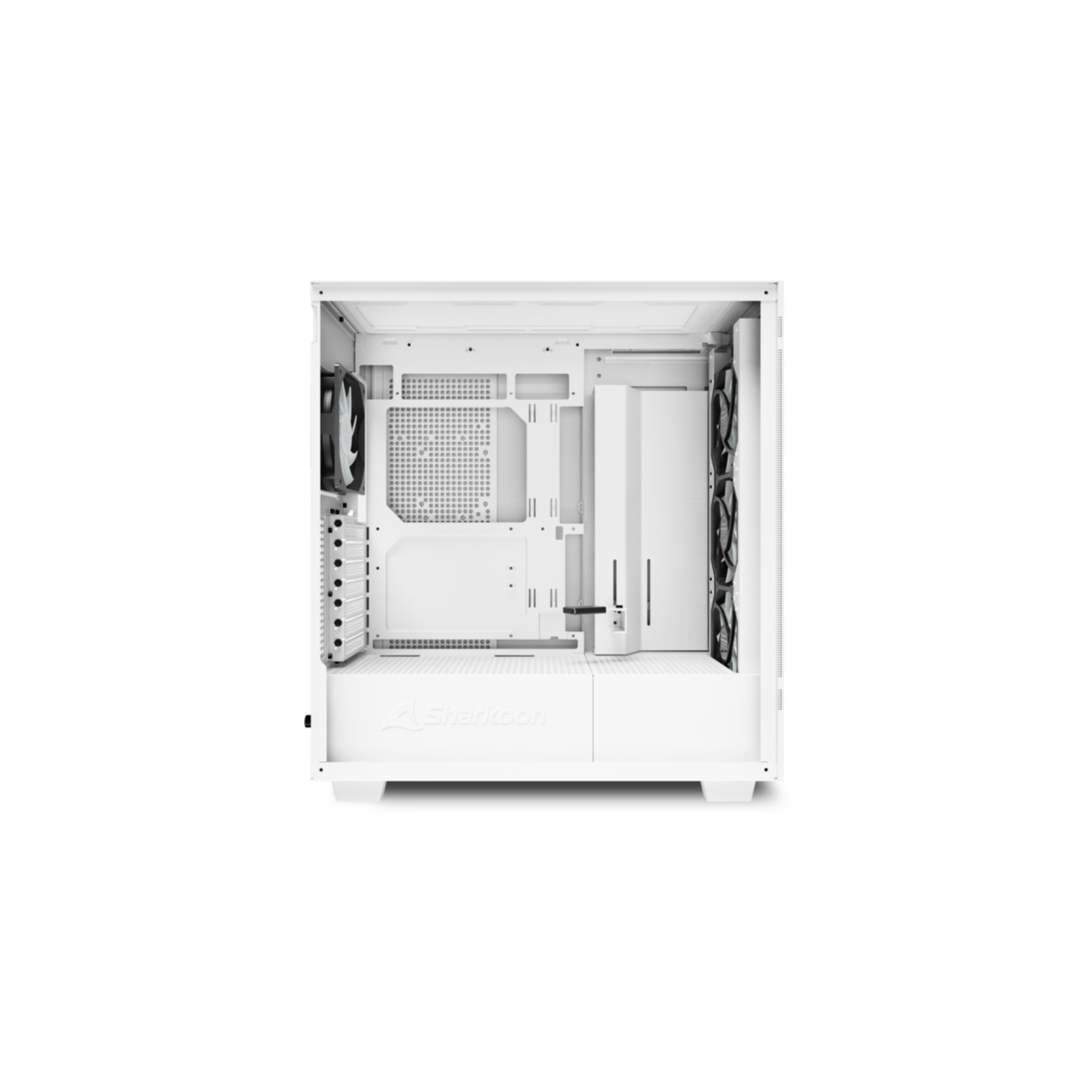 Wnętrze białej obudowy komputera, pokazuje mocowania wentylatorów, zatoki na dyski i ogólny układ.