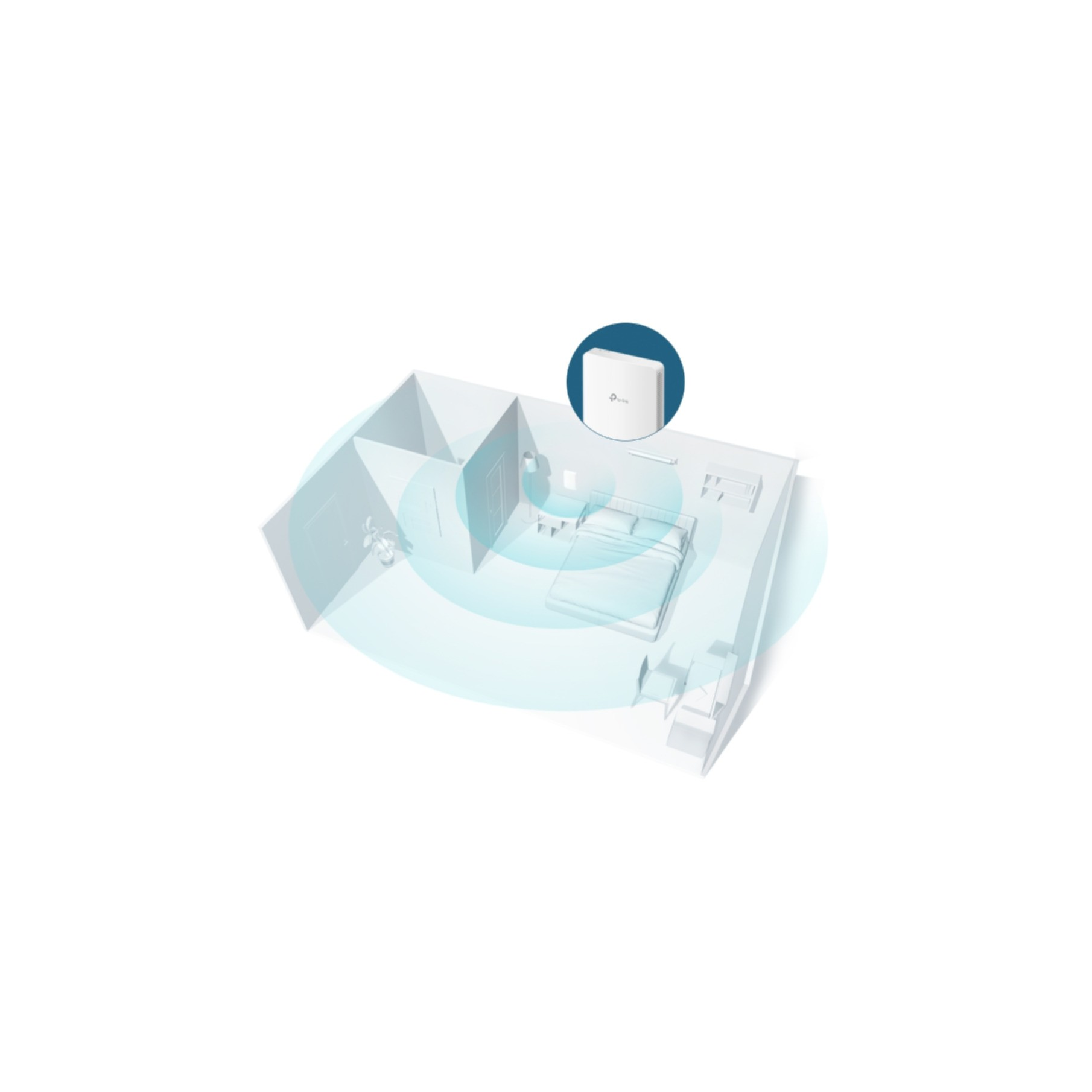 Schemat przedstawia pokój z routerem bezprzewodowym emitującym niebieskie fale sygnału.