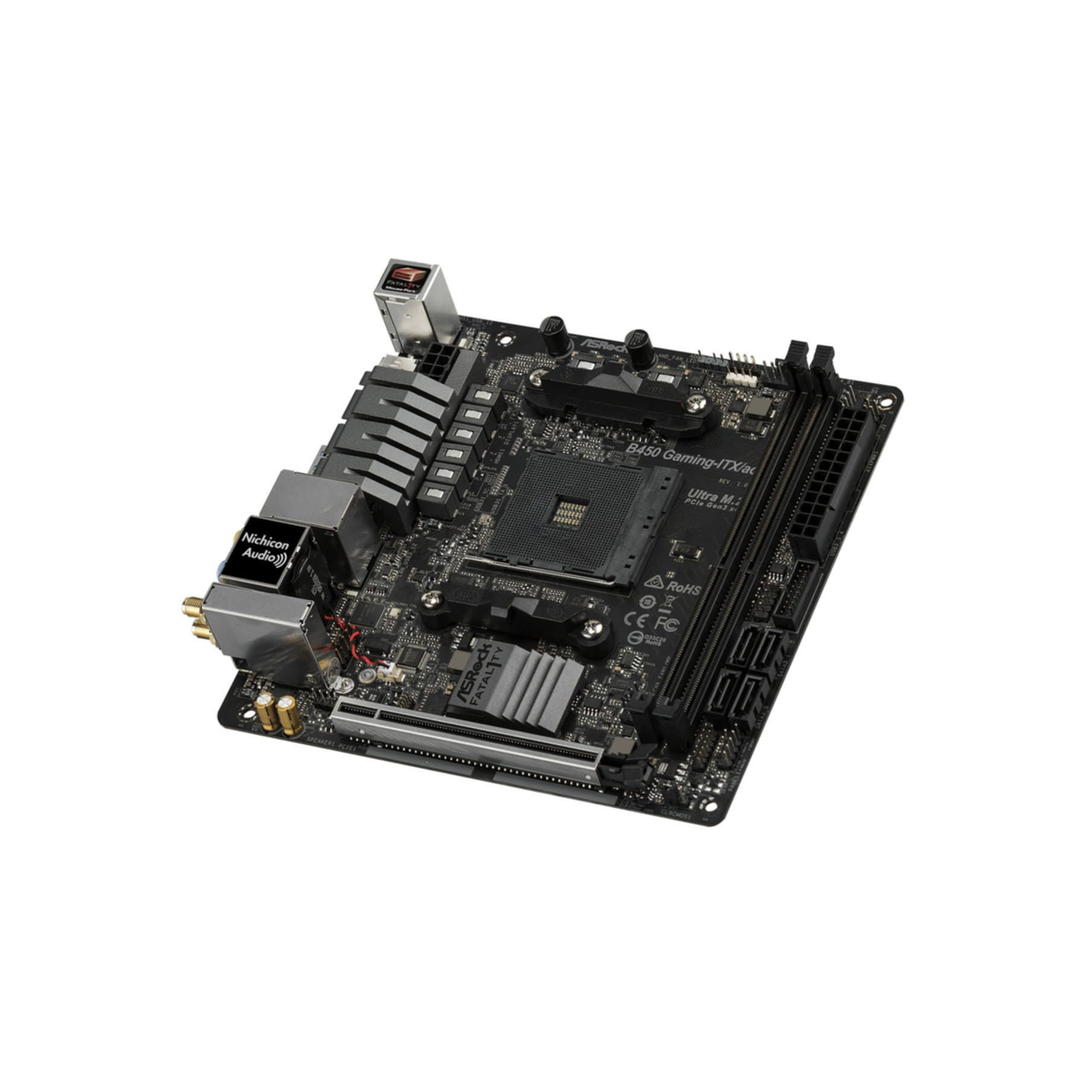 Una scheda madre nera con vari componenti. Ha slot, porte e un socket CPU. Su una superficie bianca.