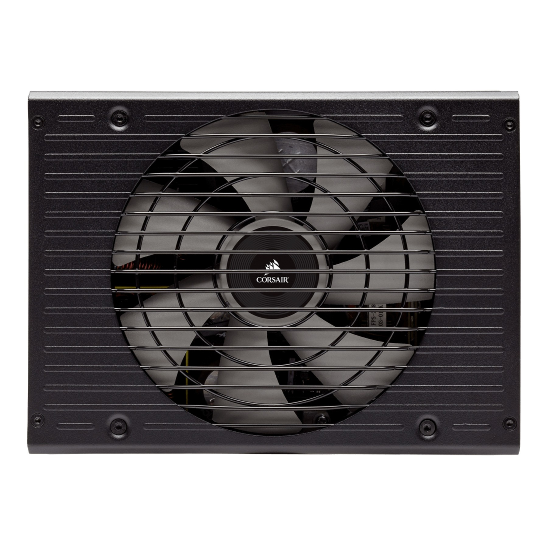 Alimentatore nero con ventola, griglia e logo Corsair, su superficie bianca.