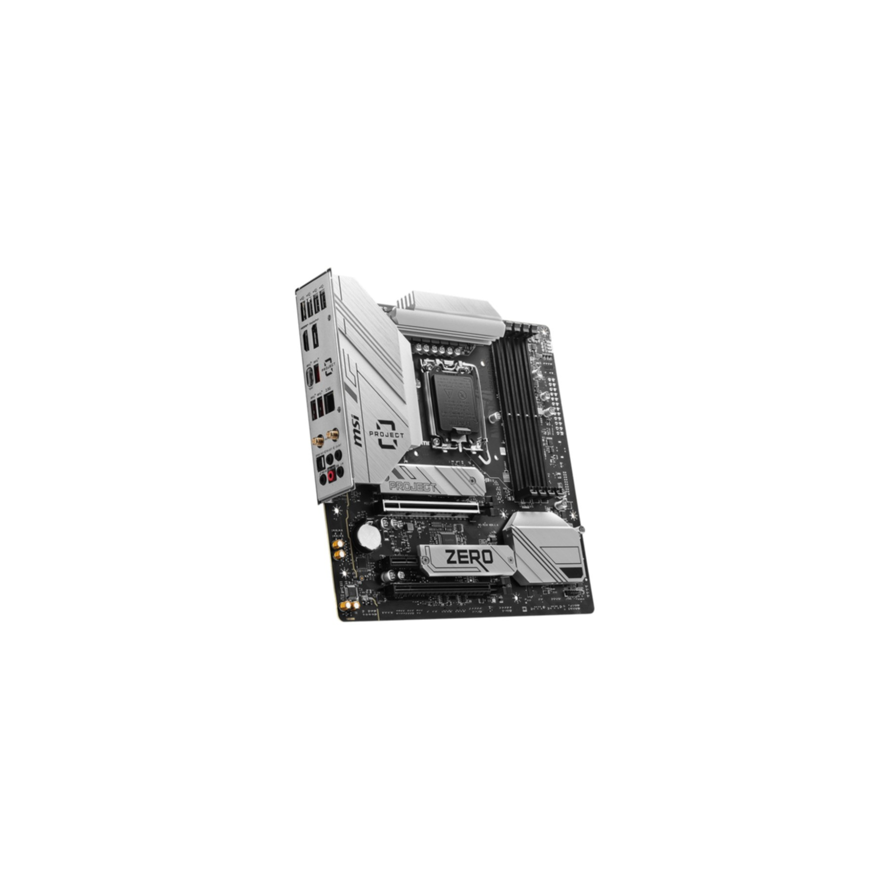 MSI-Motherboard vor weißem Hintergrund, mit Logo und weiteren Details.
