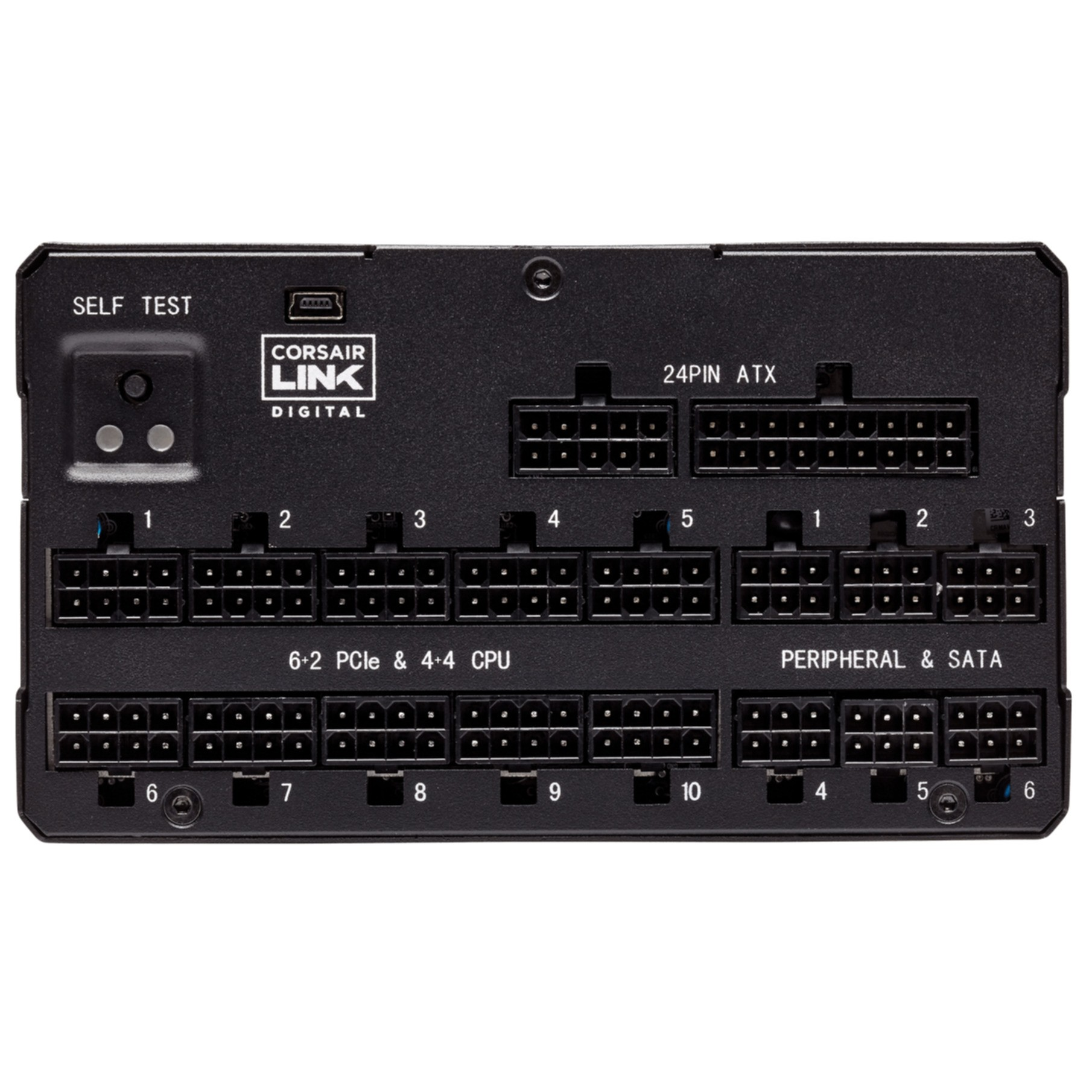 Alimentatore nero con più porte. Corsair Link Digital e 24Pin ATX visibili.