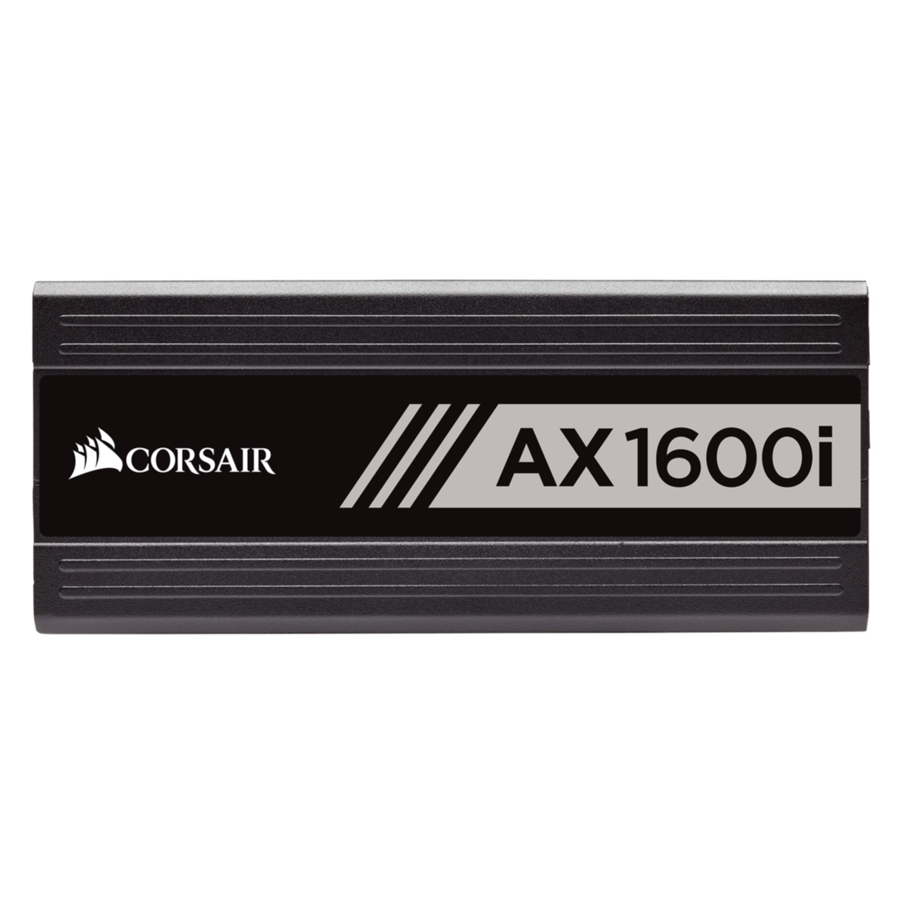 Alimentatore Corsair AX1600i nero. Logo Corsair e testo AX1600i visibili.