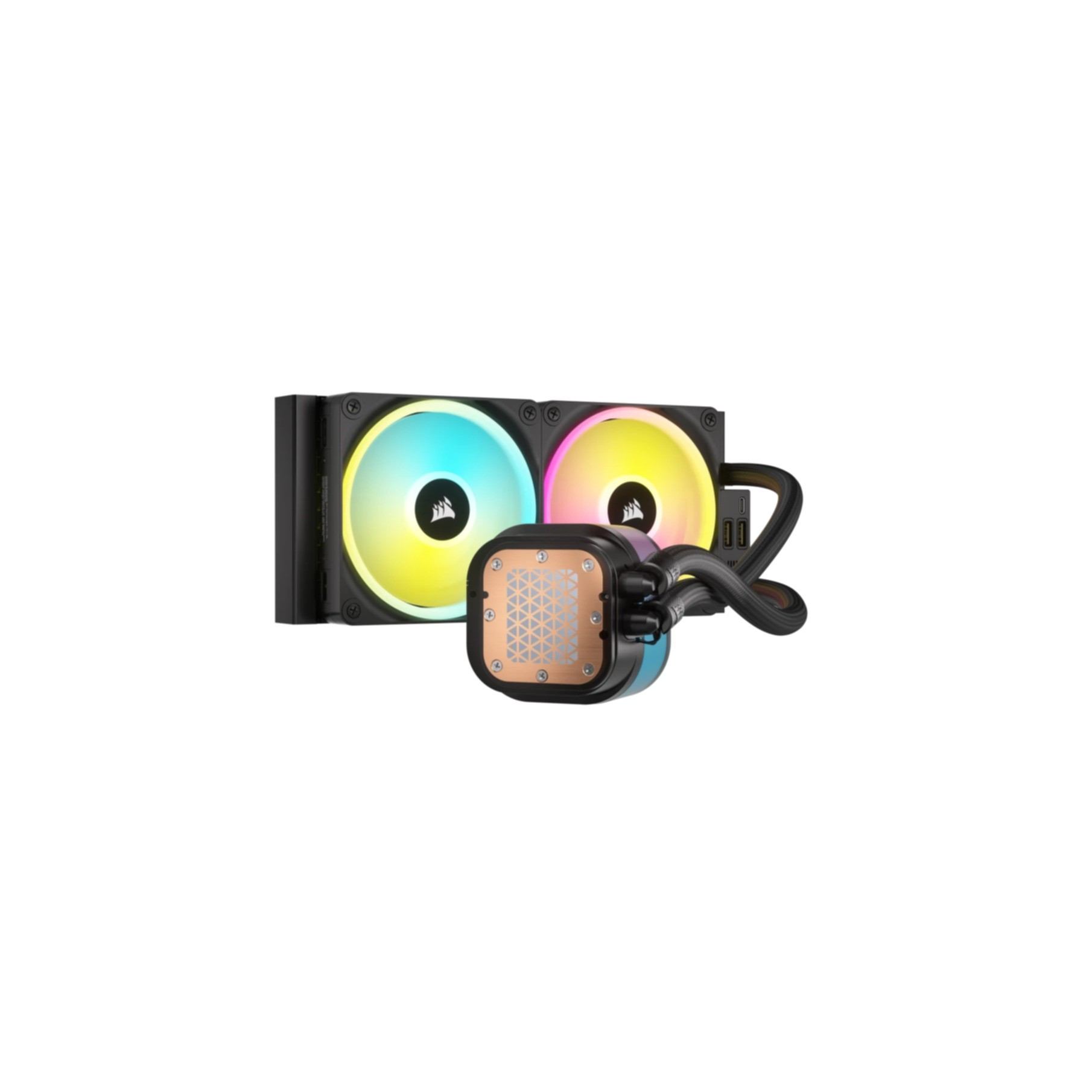 Chłodzenie cieczą do komputera z dwoma wentylatorami, miedzianą pompą i czarnymi rurkami.