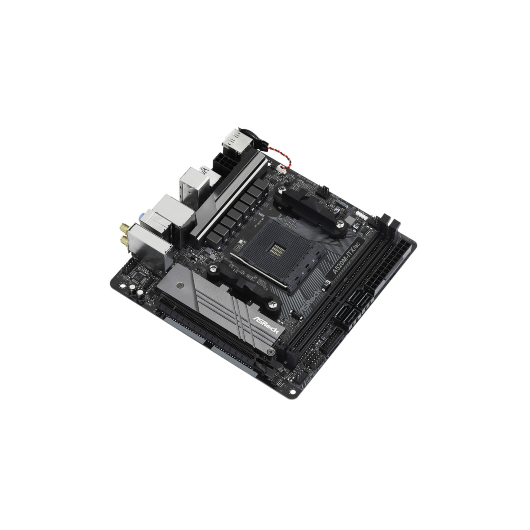 Czarna płyta główna ASRock z różnymi komponentami i złączami.