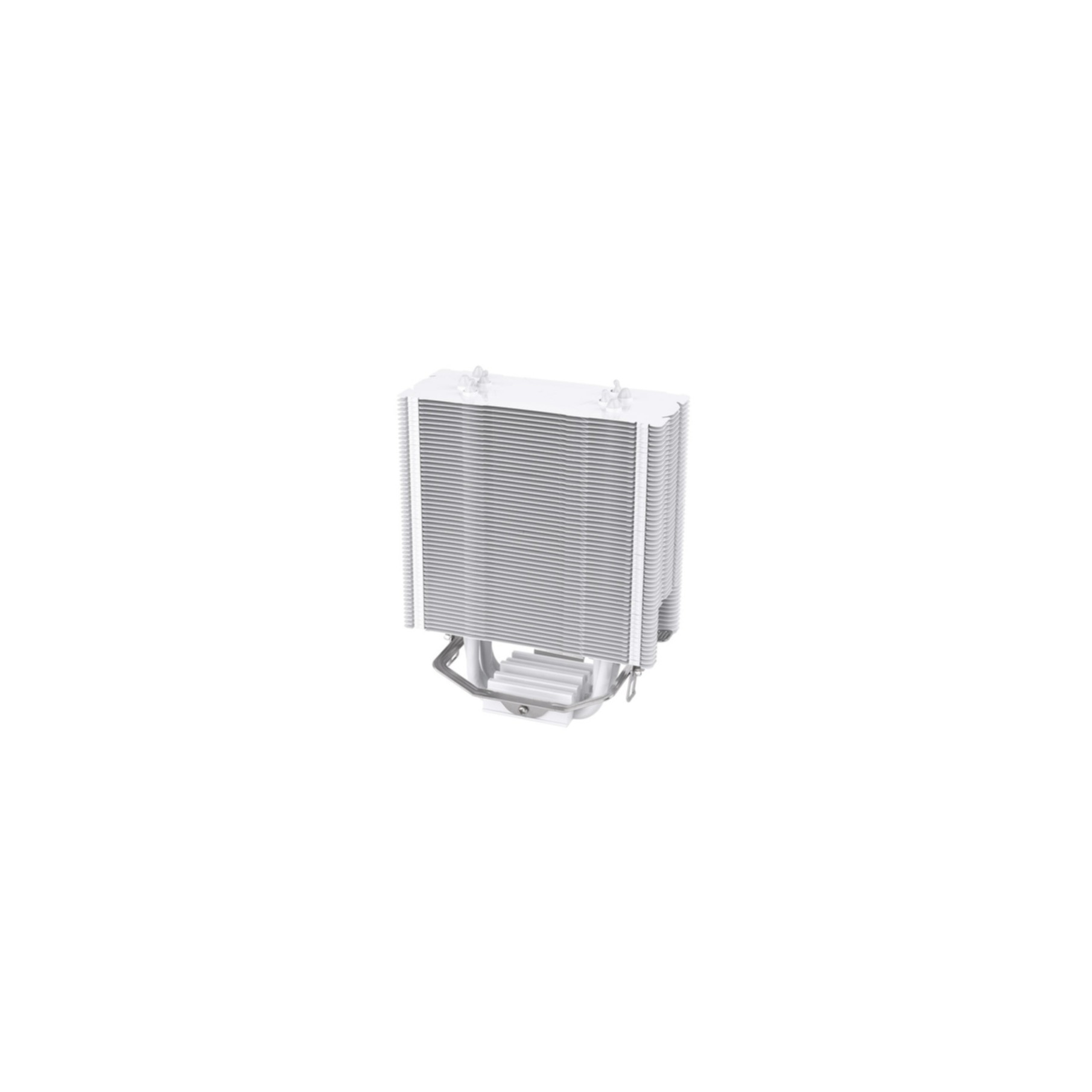 Un dissipatore CPU argentato con alette, tubi e una base, tutto su sfondo bianco.