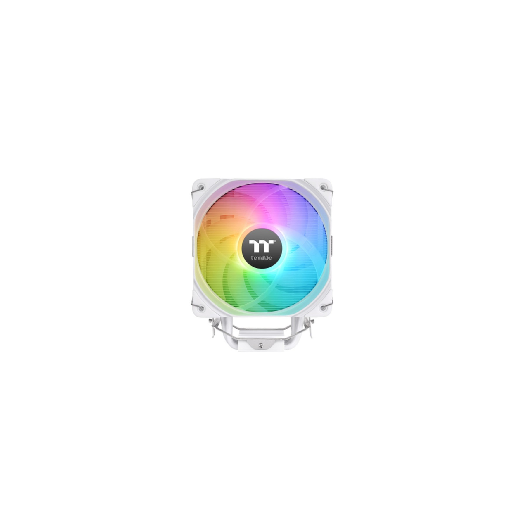 Dissipatore CPU bianco con ventola RGB circolare multicolore, centrato su sfondo bianco. Logo Thermaltake.