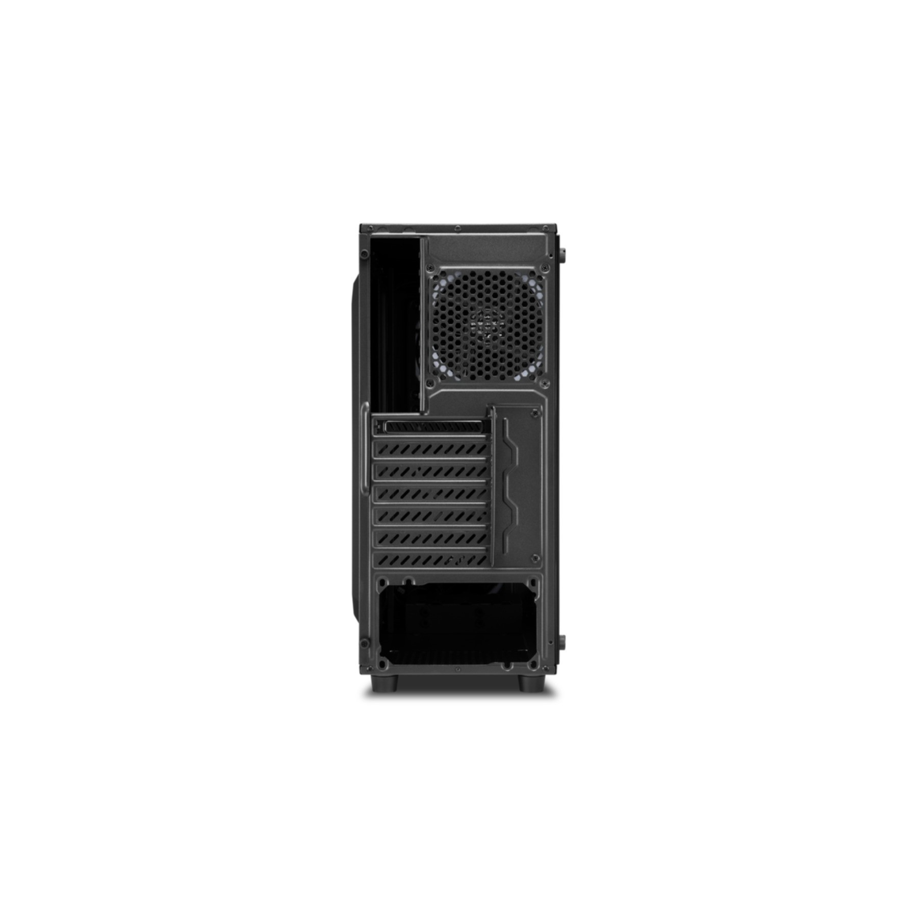 Back of a computer case. It has a fan mount and slots for expansion cards and connectors.