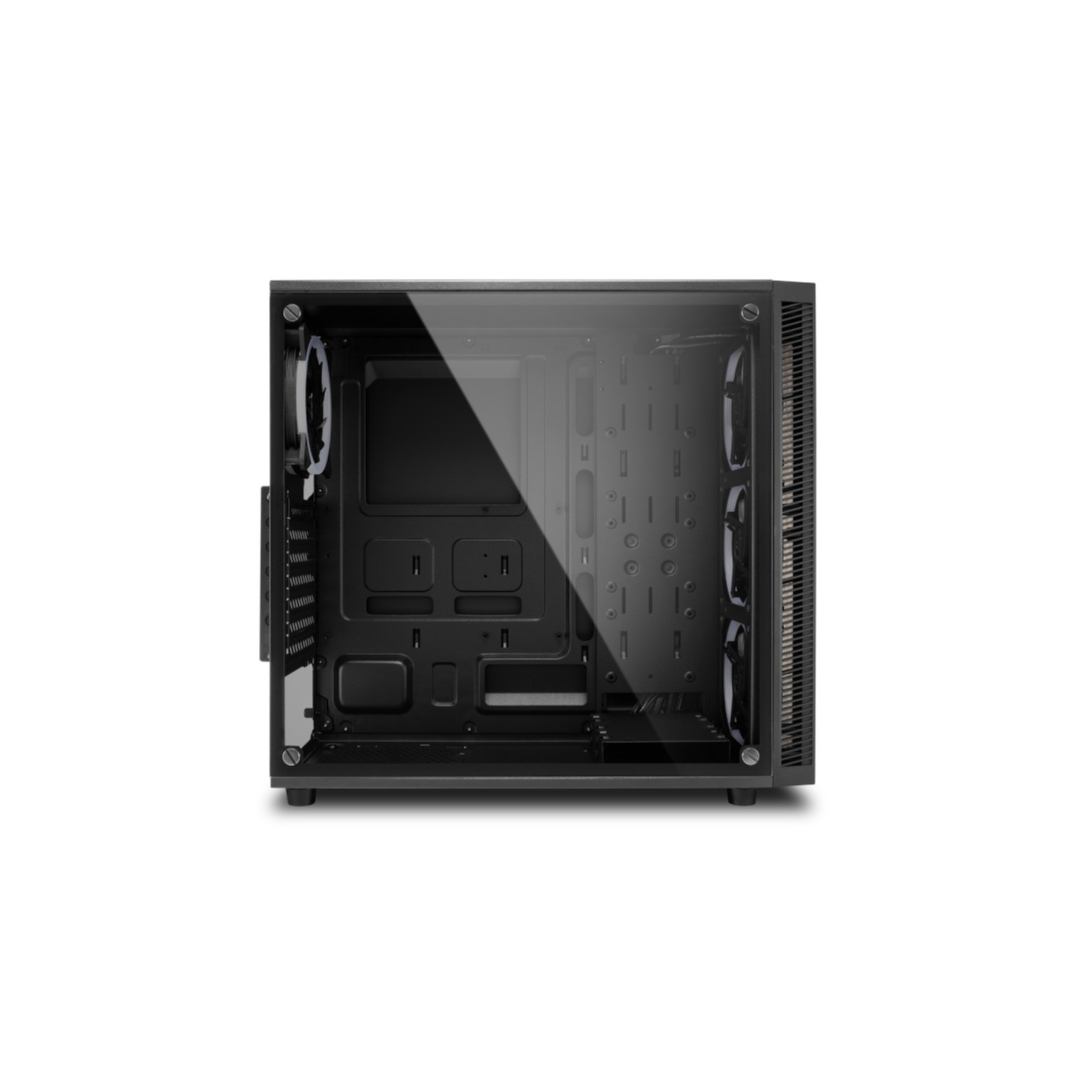 Black PC case with a transparent side panel. Interior visible. White background.