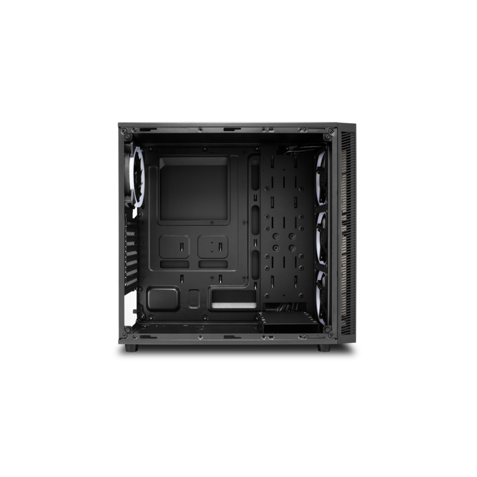 An empty black computer case interior, with fans and mounting points visible, top view.