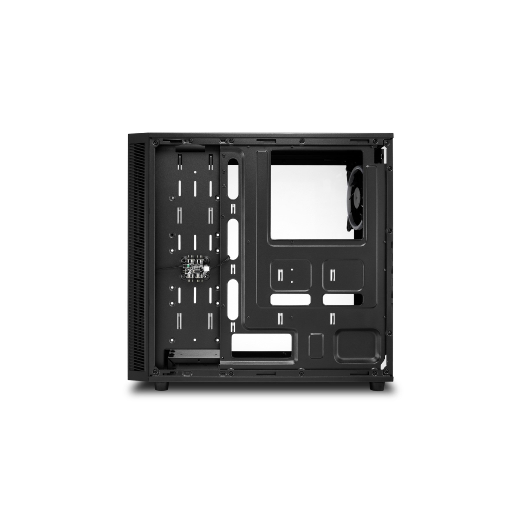 Black PC case interior, showing mounting points, fan slot, and empty space.