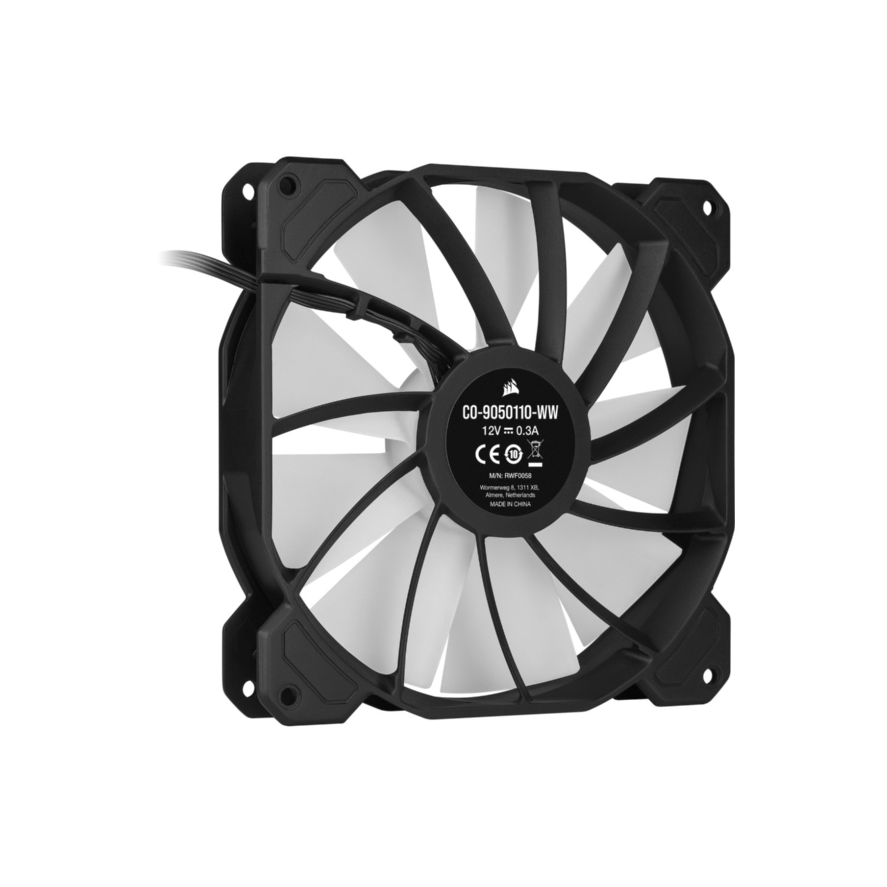 Ventola per computer Corsair nera e bianca, pale angolate, con cornice nera, su sfondo bianco.