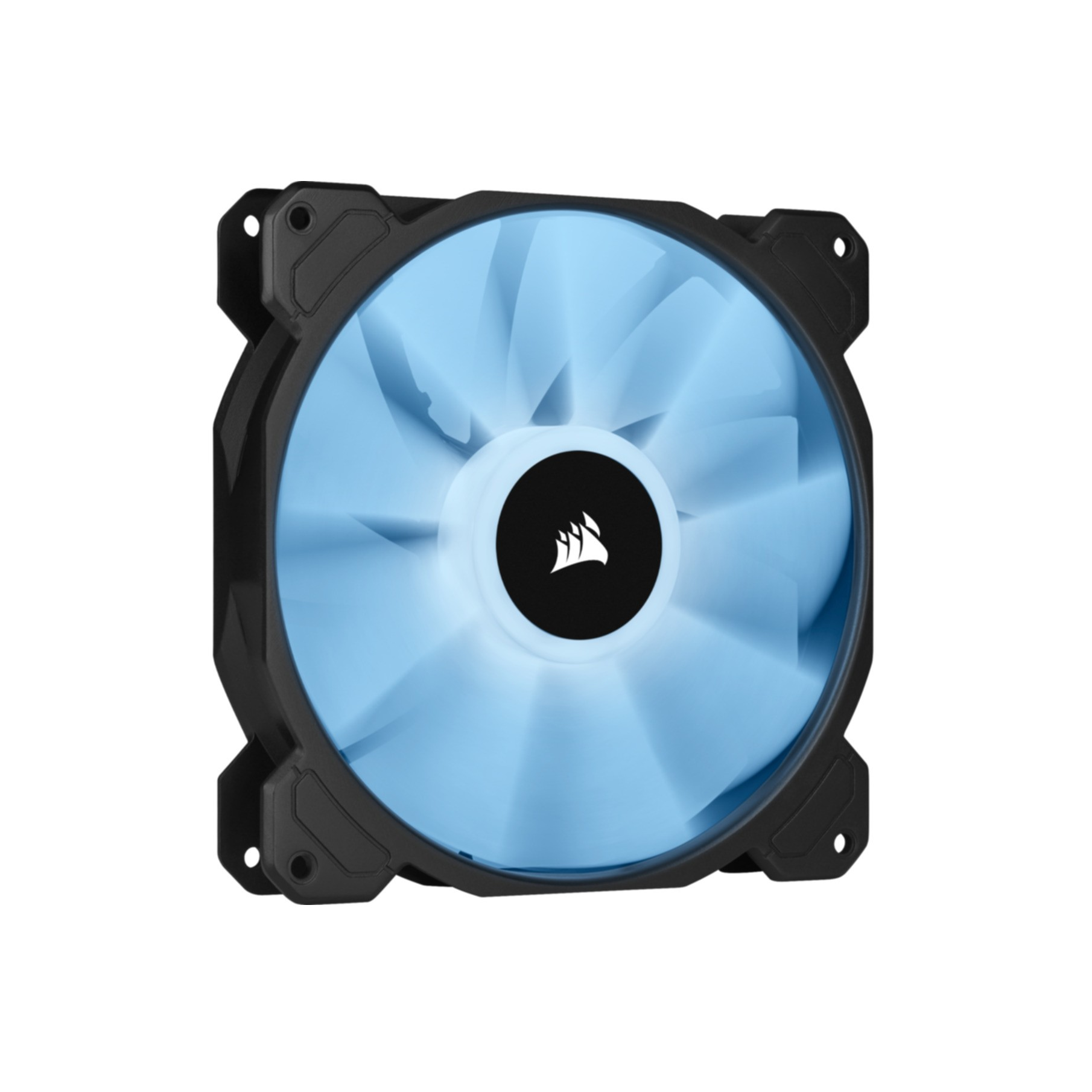 Una ventola per computer nera con pale blu luminose su sfondo bianco.